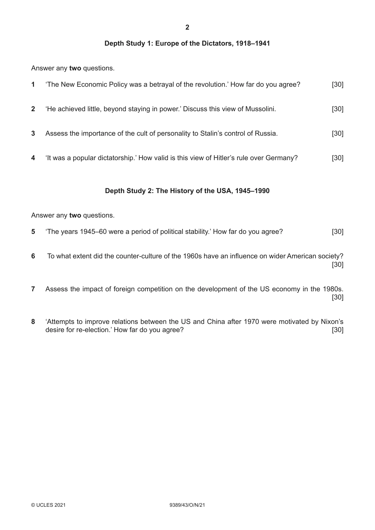Cambridge A Level History 9389 2021 Oct/Nov Paper 4 · Variant 3 question paper, page 2 of 4