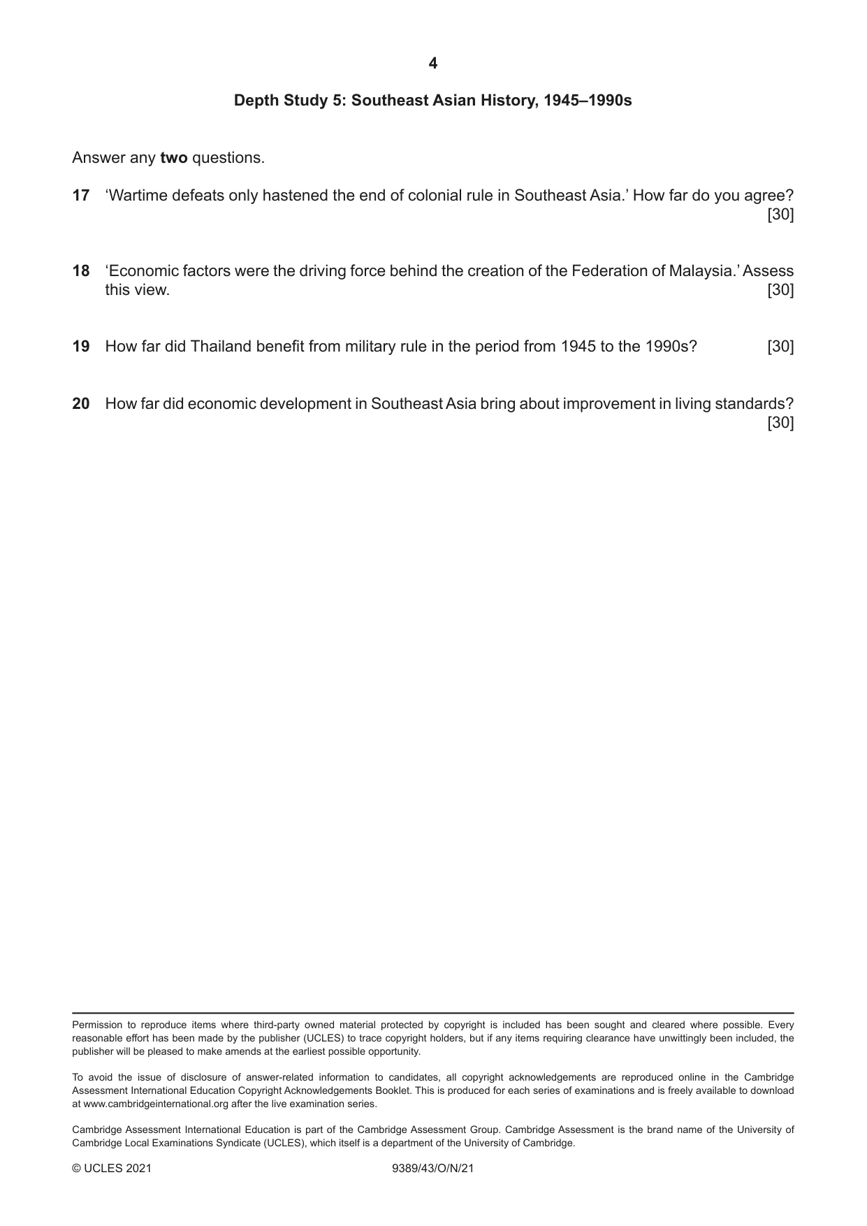 Cambridge A Level History 9389 2021 Oct/Nov Paper 4 · Variant 3 question paper, page 4 of 4