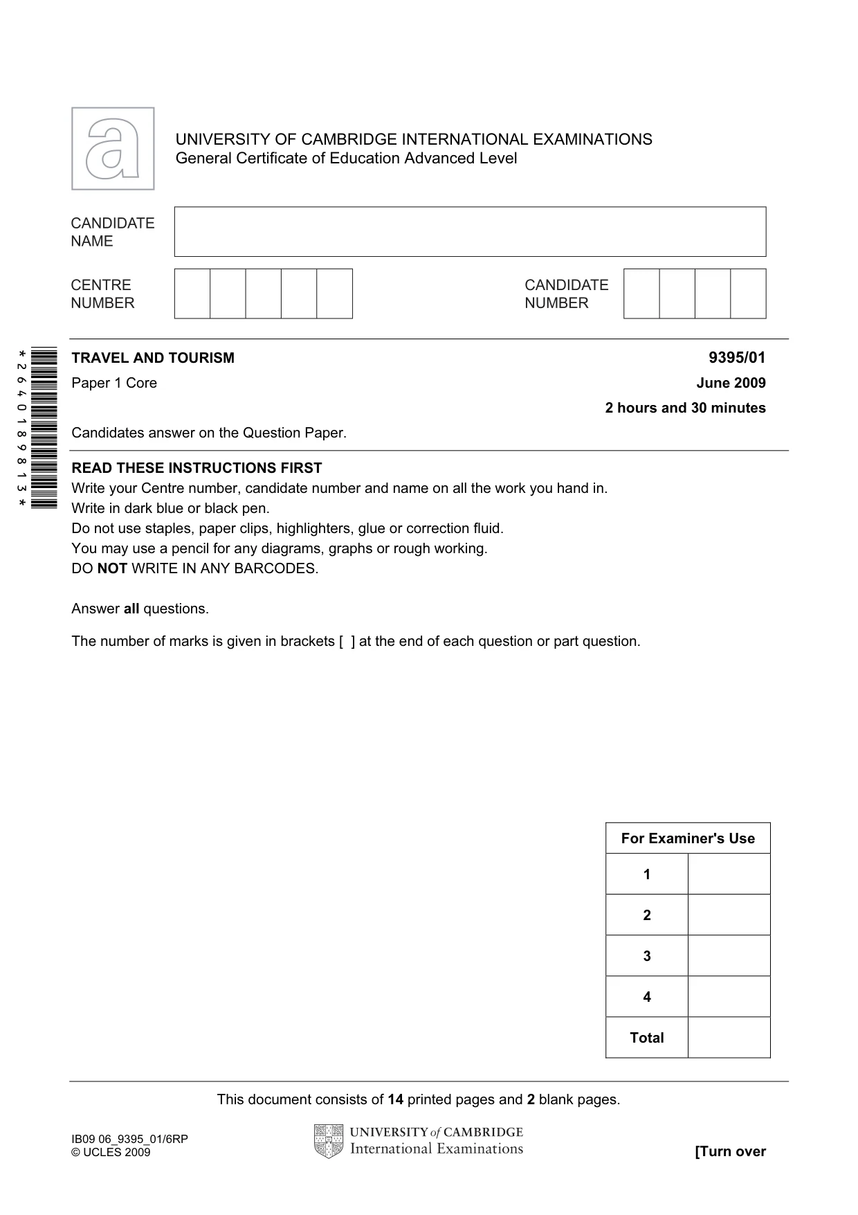 Cambridge A Level Travel and Tourism 9395 2009 May/June Paper 1 · Variant 1 question paper, page 1 of 16