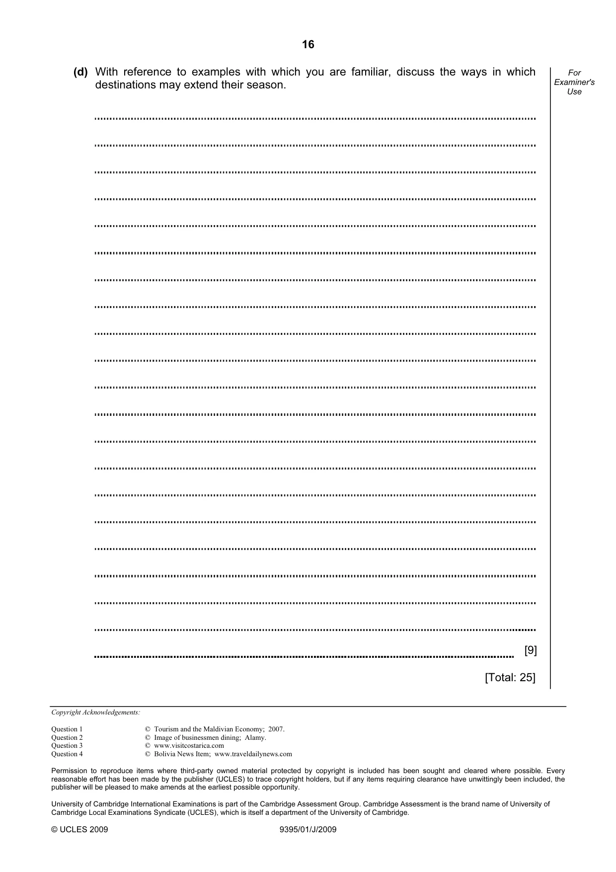Cambridge A Level Travel and Tourism 9395 2009 May/June Paper 1 · Variant 1 question paper, page 16 of 16