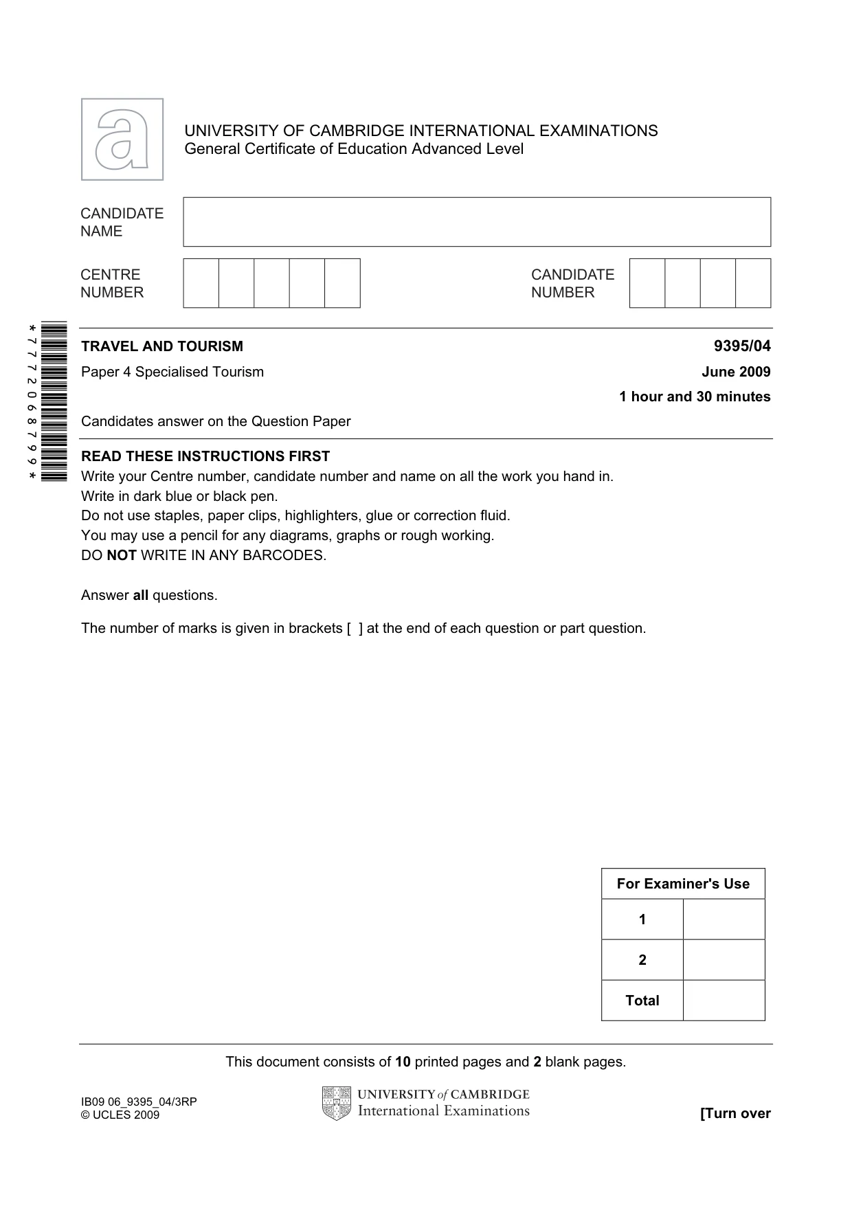 Cambridge A Level Travel and Tourism 9395 2009 May/June Paper 4 · Variant 1 question paper, page 1 of 12