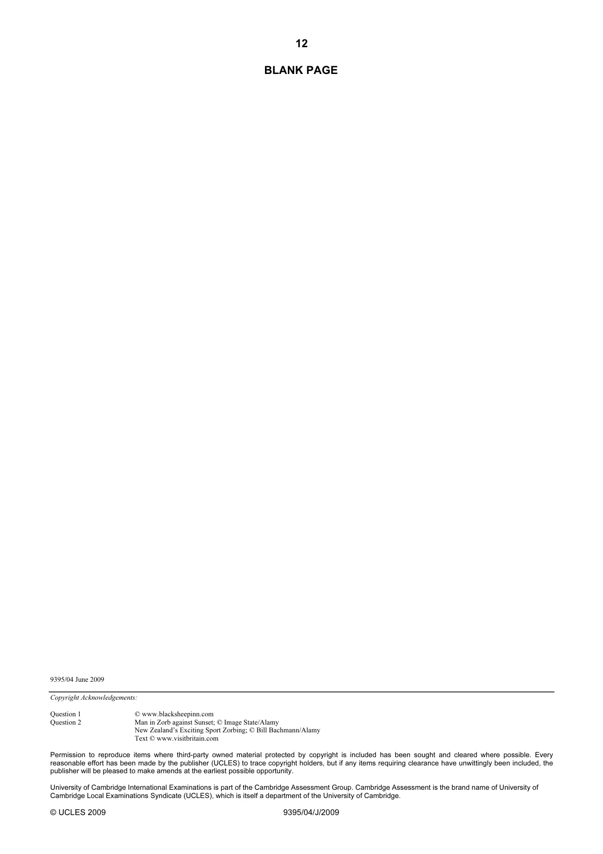 Cambridge A Level Travel and Tourism 9395 2009 May/June Paper 4 · Variant 1 question paper, page 12 of 12