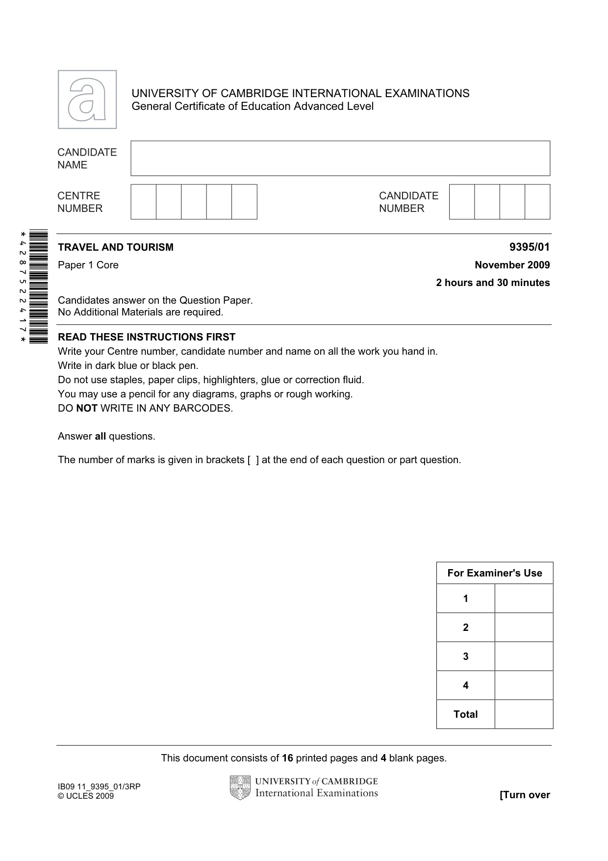 Cambridge A Level Travel and Tourism 9395 2009 Oct/Nov Paper 1 · Variant 1 question paper, page 1 of 20