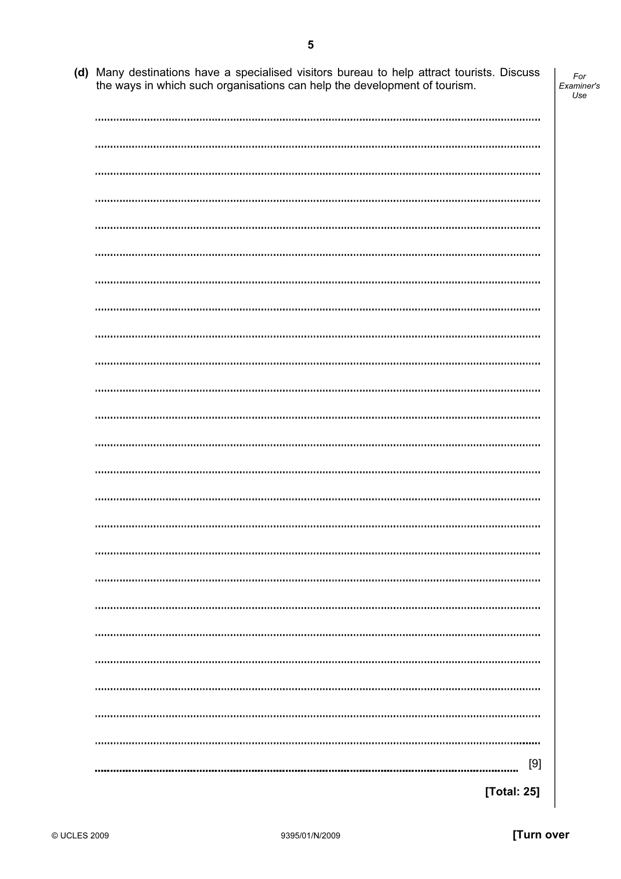 Cambridge A Level Travel and Tourism 9395 2009 Oct/Nov Paper 1 · Variant 1 question paper, page 5 of 20