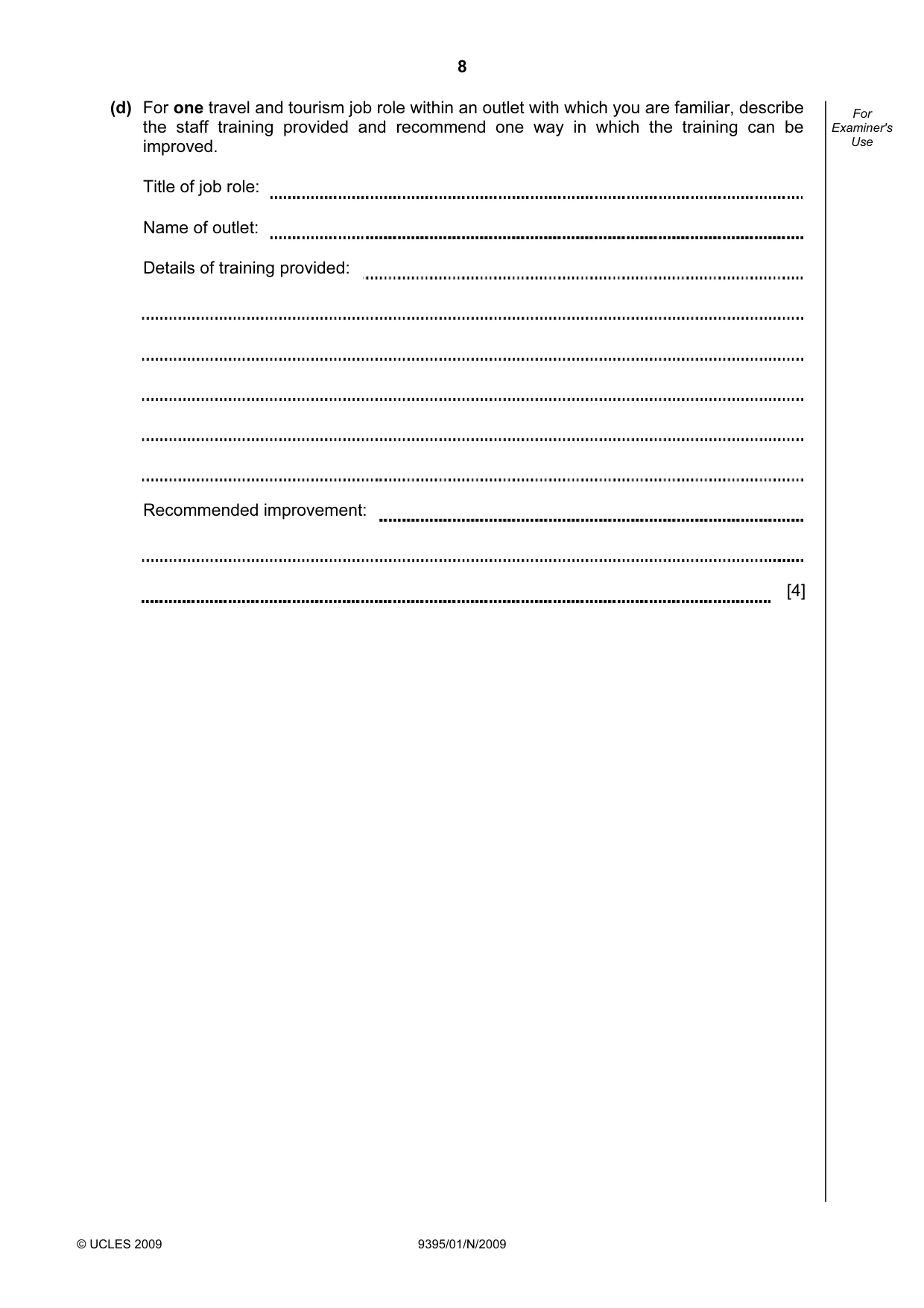 Cambridge A Level Travel and Tourism 9395 2009 Oct/Nov Paper 1 · Variant 1 question paper, page 8 of 20