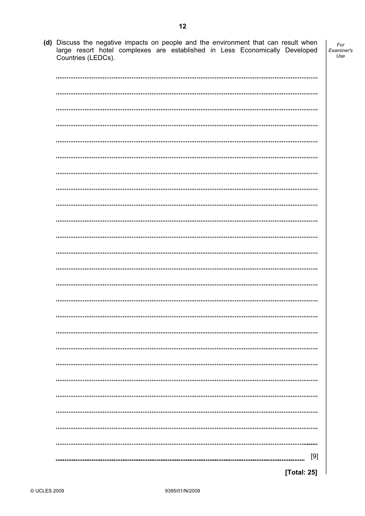 Cambridge A Level Travel and Tourism 9395 2009 Oct/Nov Paper 1 · Variant 1 question paper, page 12 of 20
