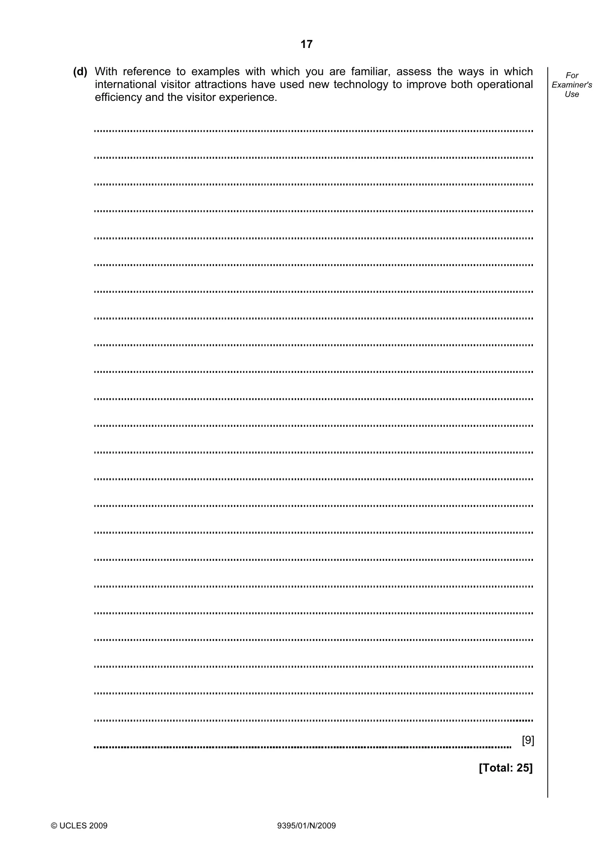 Cambridge A Level Travel and Tourism 9395 2009 Oct/Nov Paper 1 · Variant 1 question paper, page 17 of 20