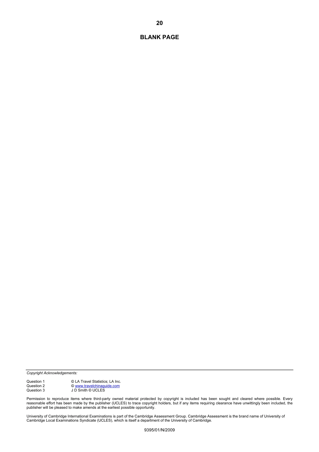 Cambridge A Level Travel and Tourism 9395 2009 Oct/Nov Paper 1 · Variant 1 question paper, page 20 of 20