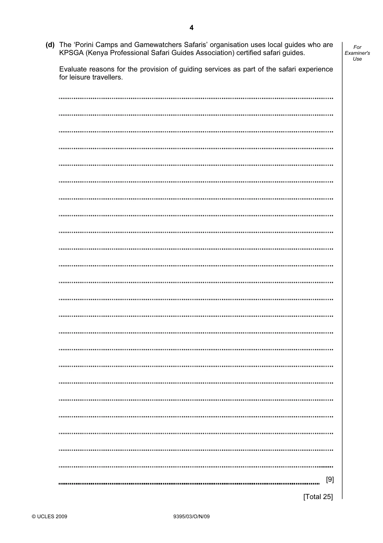 Cambridge A Level Travel and Tourism 9395 2009 Oct/Nov Paper 3 · Variant 1 question paper, page 4 of 16