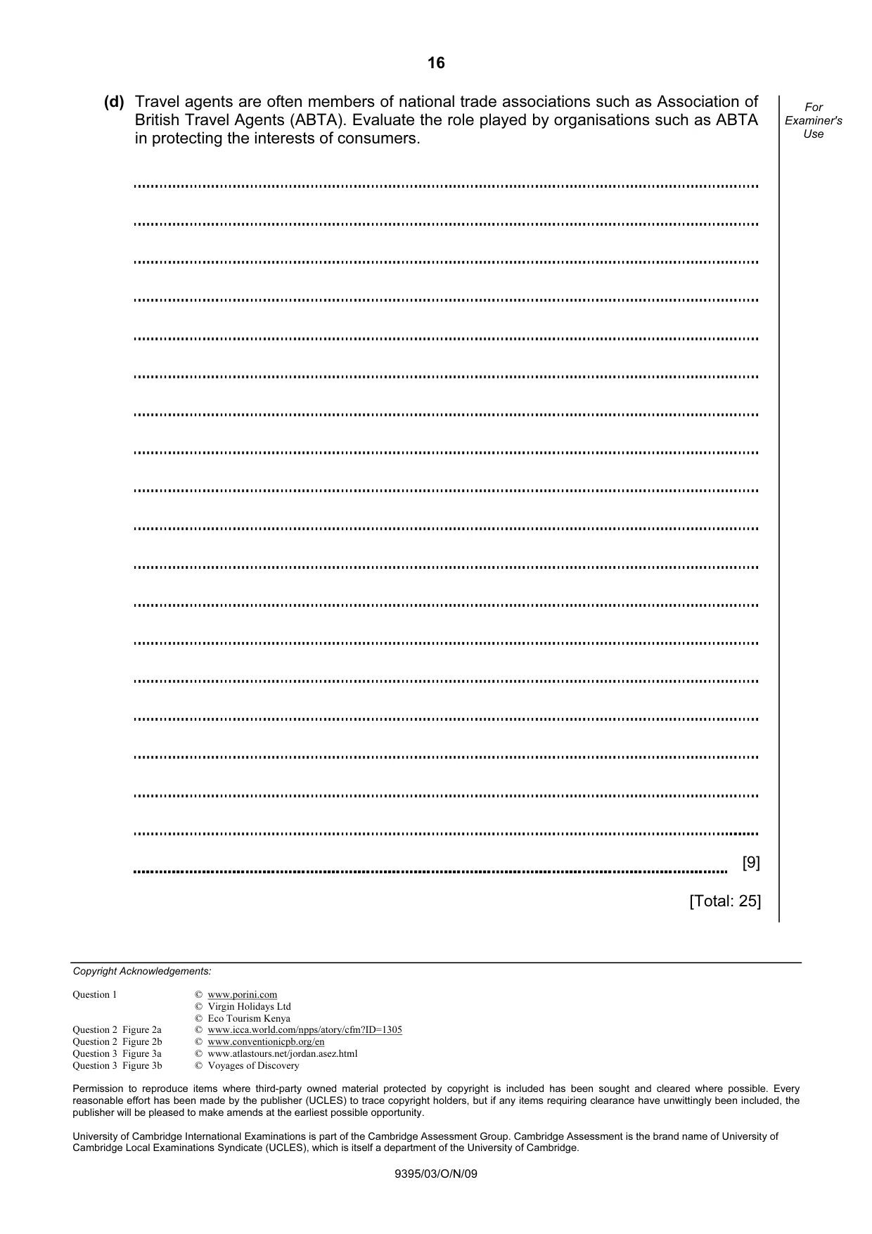 Cambridge A Level Travel and Tourism 9395 2009 Oct/Nov Paper 3 · Variant 1 question paper, page 16 of 16