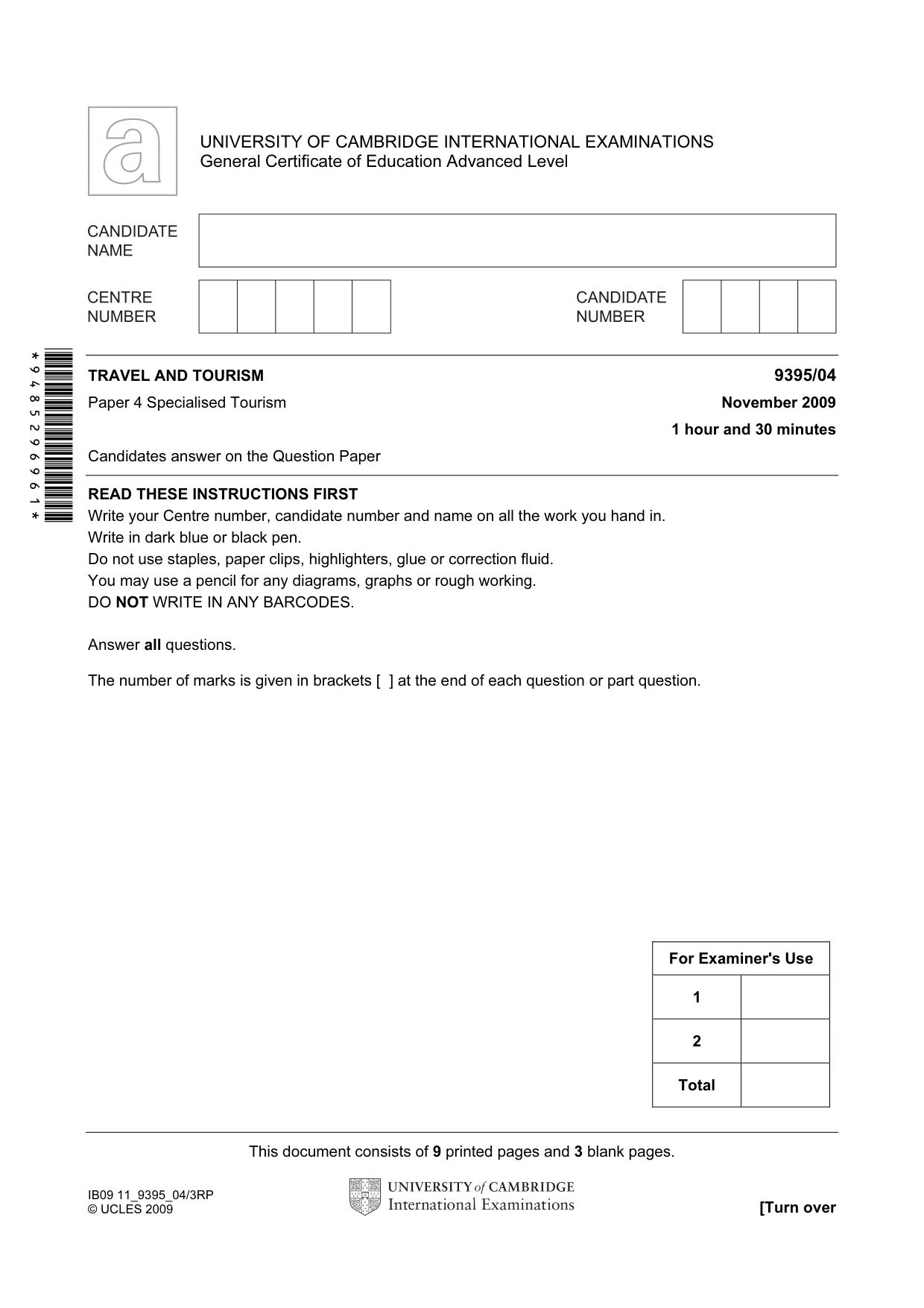 Cambridge A Level Travel and Tourism 9395 2009 Oct/Nov Paper 4 · Variant 1 question paper, page 1 of 12