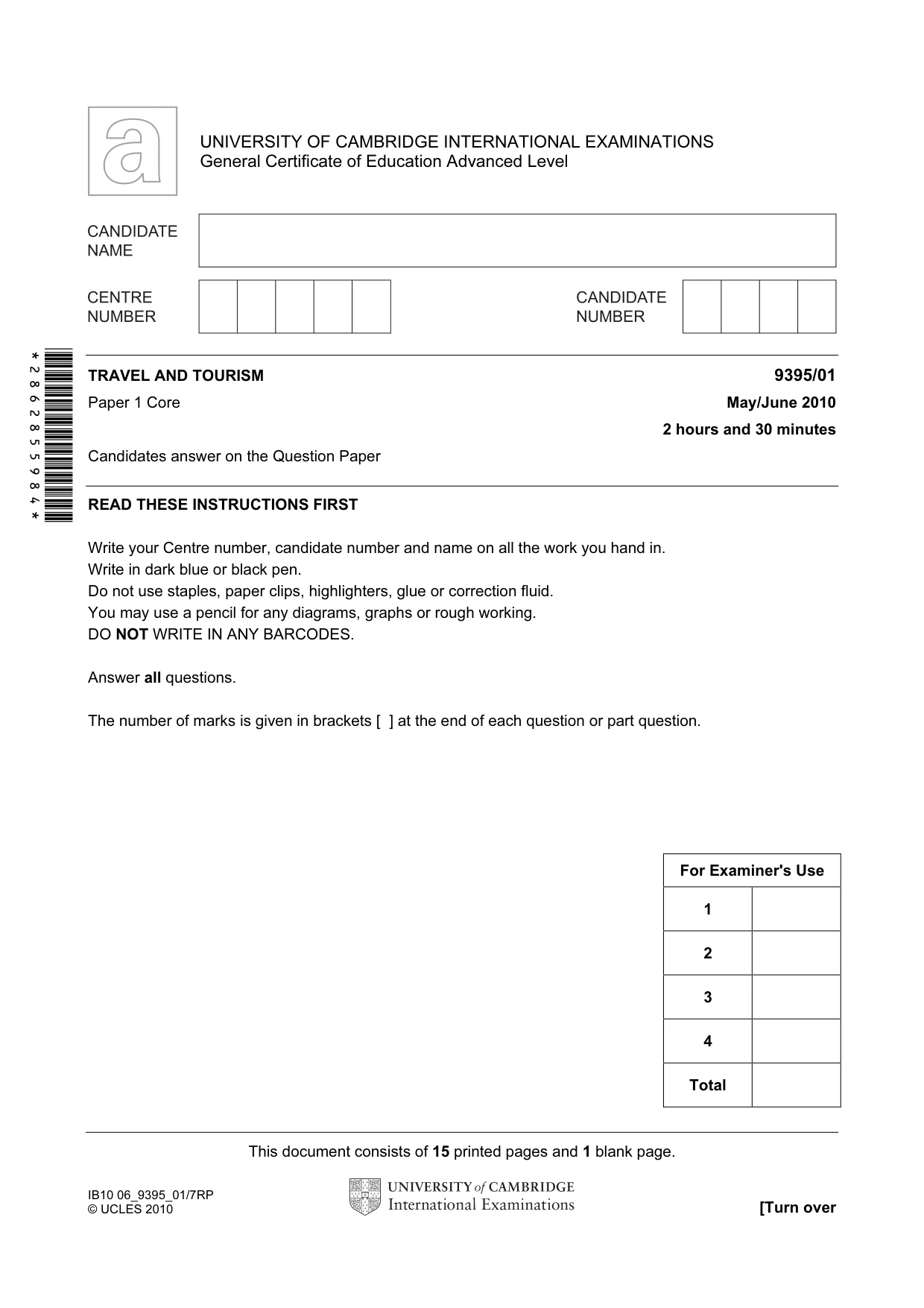 Cambridge A Level Travel and Tourism 9395 2010 May/June Paper 1 · Variant 1 question paper, page 1 of 16