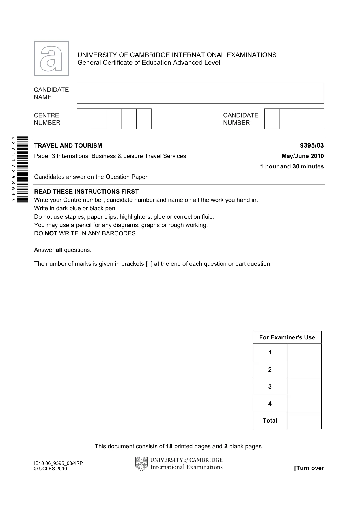 Cambridge A Level Travel and Tourism 9395 2010 May/June Paper 3 · Variant 1 question paper, page 1 of 20