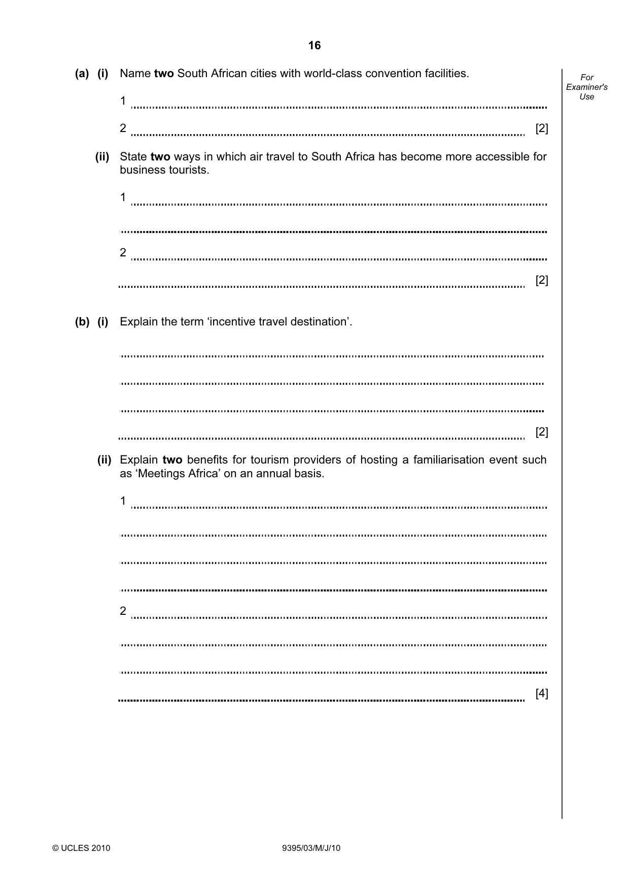 Cambridge A Level Travel and Tourism 9395 2010 May/June Paper 3 · Variant 1 question paper, page 16 of 20