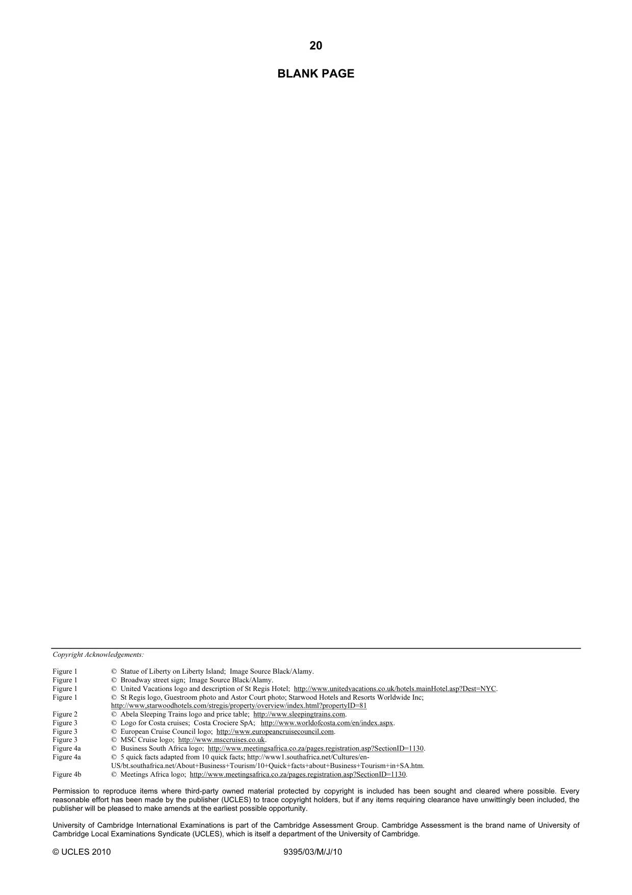 Cambridge A Level Travel and Tourism 9395 2010 May/June Paper 3 · Variant 1 question paper, page 20 of 20