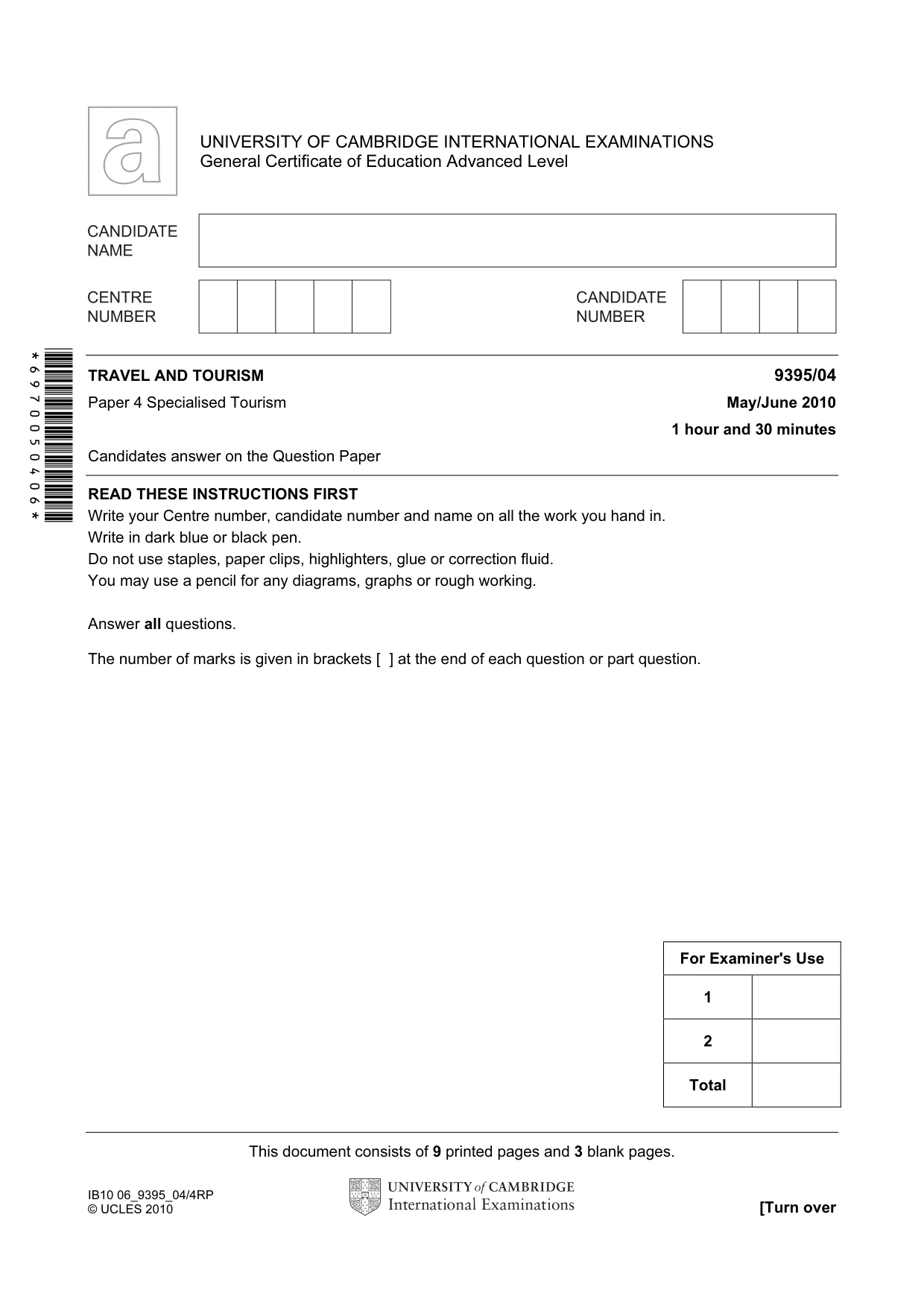 Cambridge A Level Travel and Tourism 9395 2010 May/June Paper 4 · Variant 1 question paper, page 1 of 12