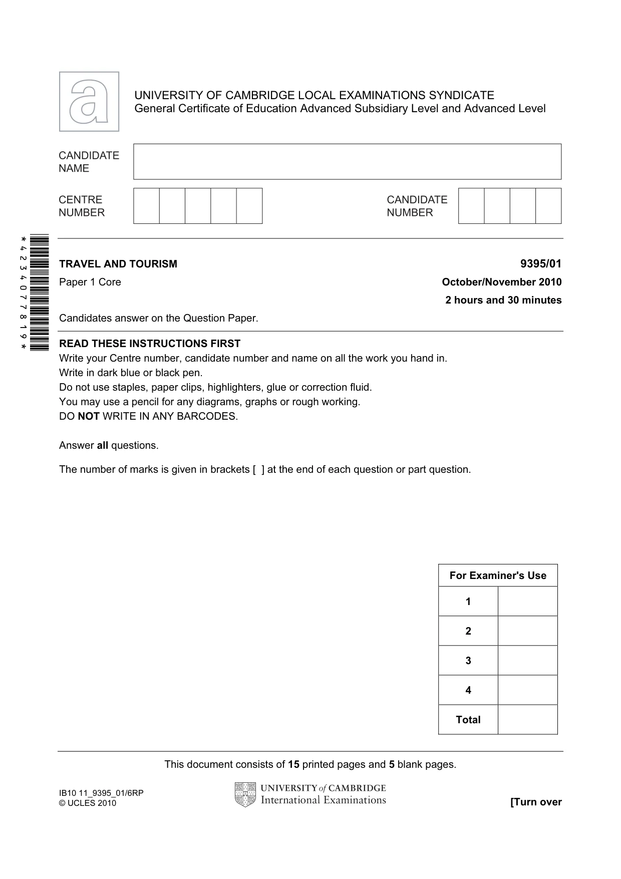Cambridge A Level Travel and Tourism 9395 2010 Oct/Nov Paper 1 · Variant 1 question paper, page 1 of 20