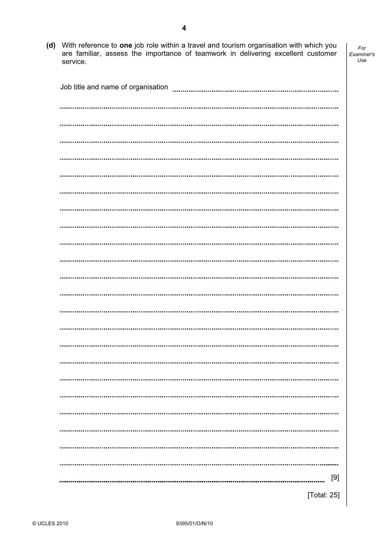 Cambridge A Level Travel and Tourism 9395 2010 Oct/Nov Paper 1 · Variant 1 question paper, page 4 of 20