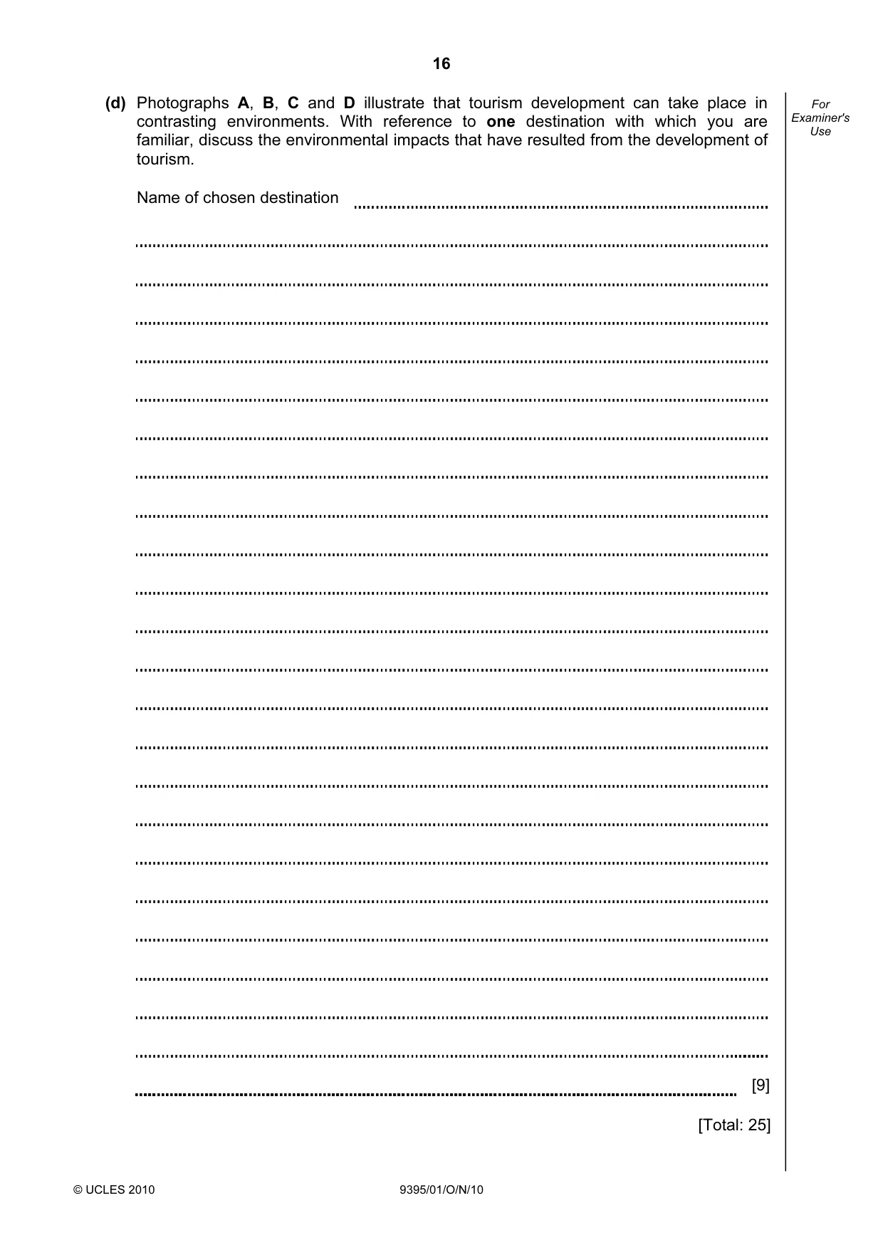 Cambridge A Level Travel and Tourism 9395 2010 Oct/Nov Paper 1 · Variant 1 question paper, page 16 of 20