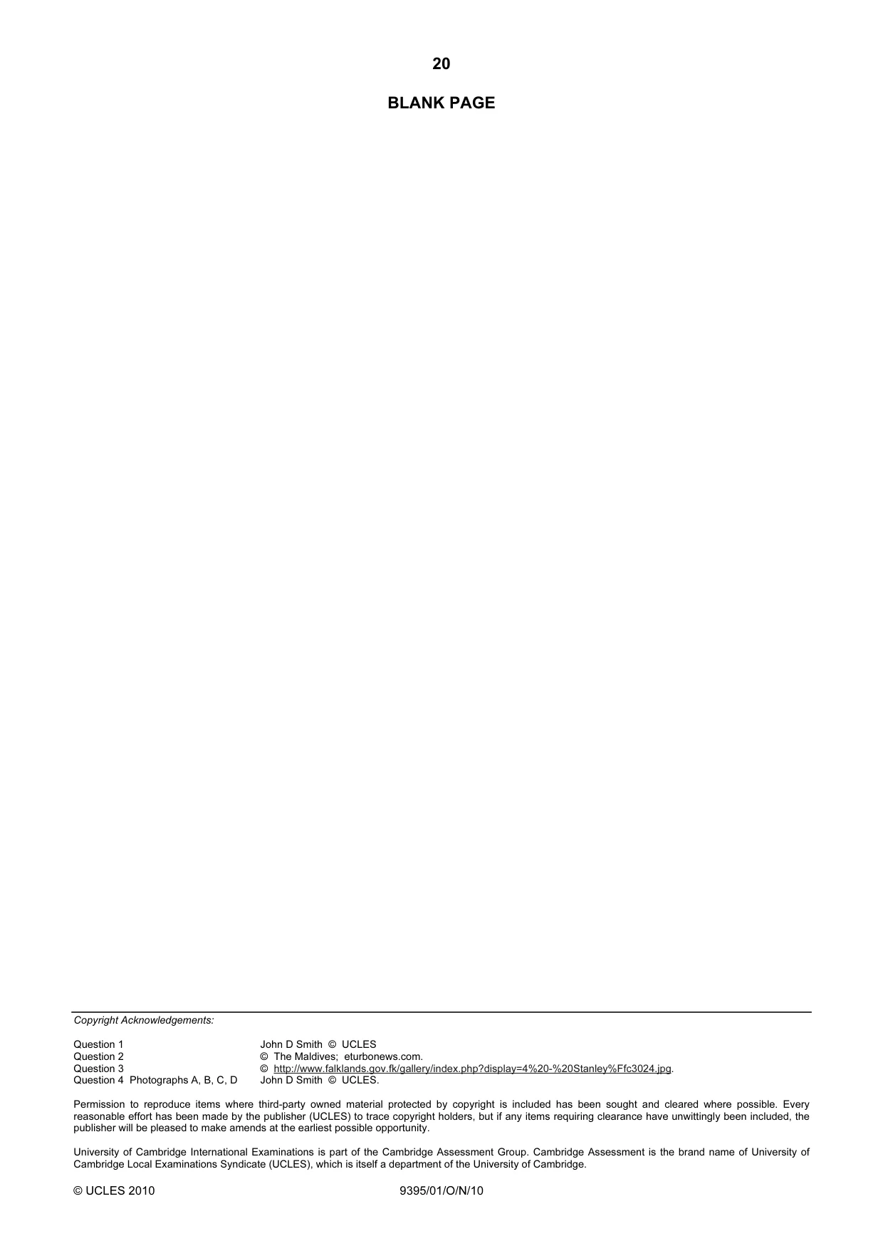 Cambridge A Level Travel and Tourism 9395 2010 Oct/Nov Paper 1 · Variant 1 question paper, page 20 of 20