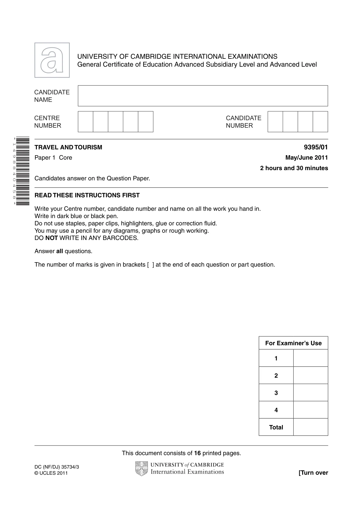 Cambridge A Level Travel and Tourism 9395 2011 May/June Paper 1 · Variant 1 question paper, page 1 of 16