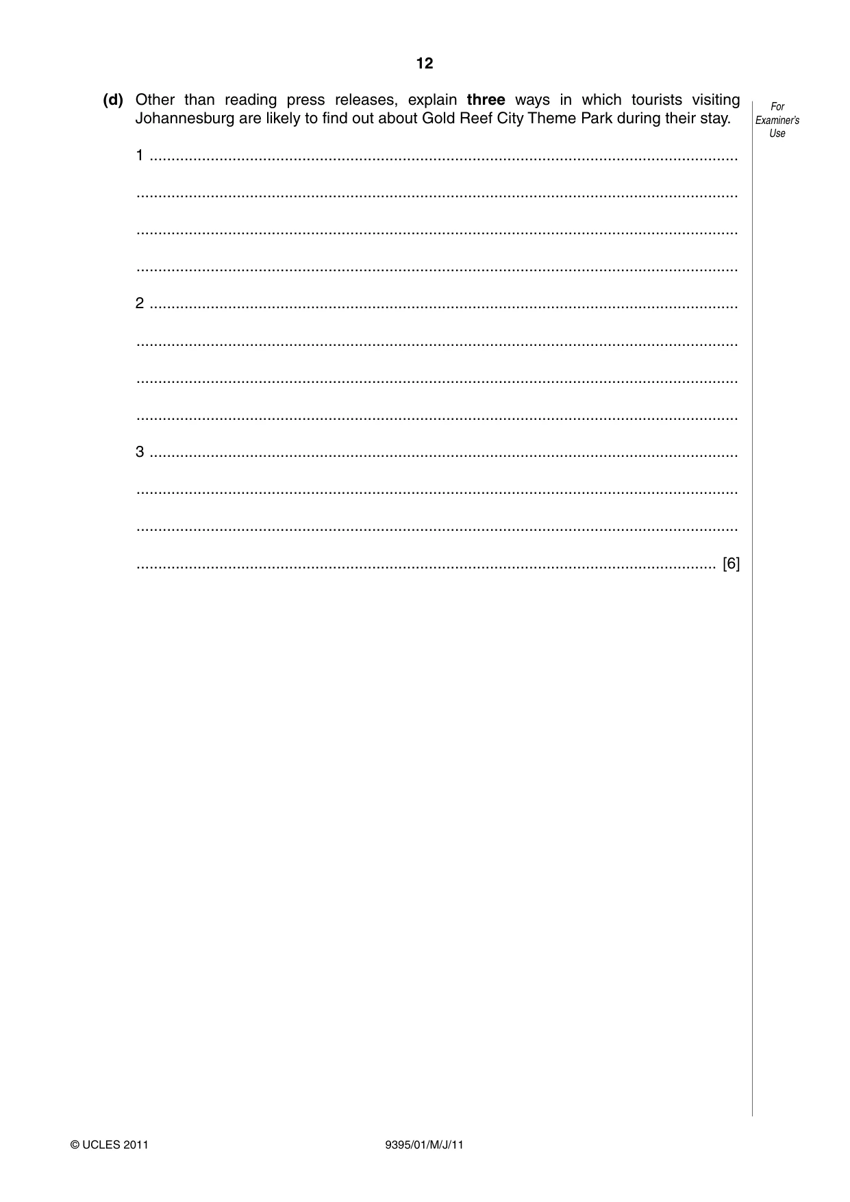 Cambridge A Level Travel and Tourism 9395 2011 May/June Paper 1 · Variant 1 question paper, page 12 of 16