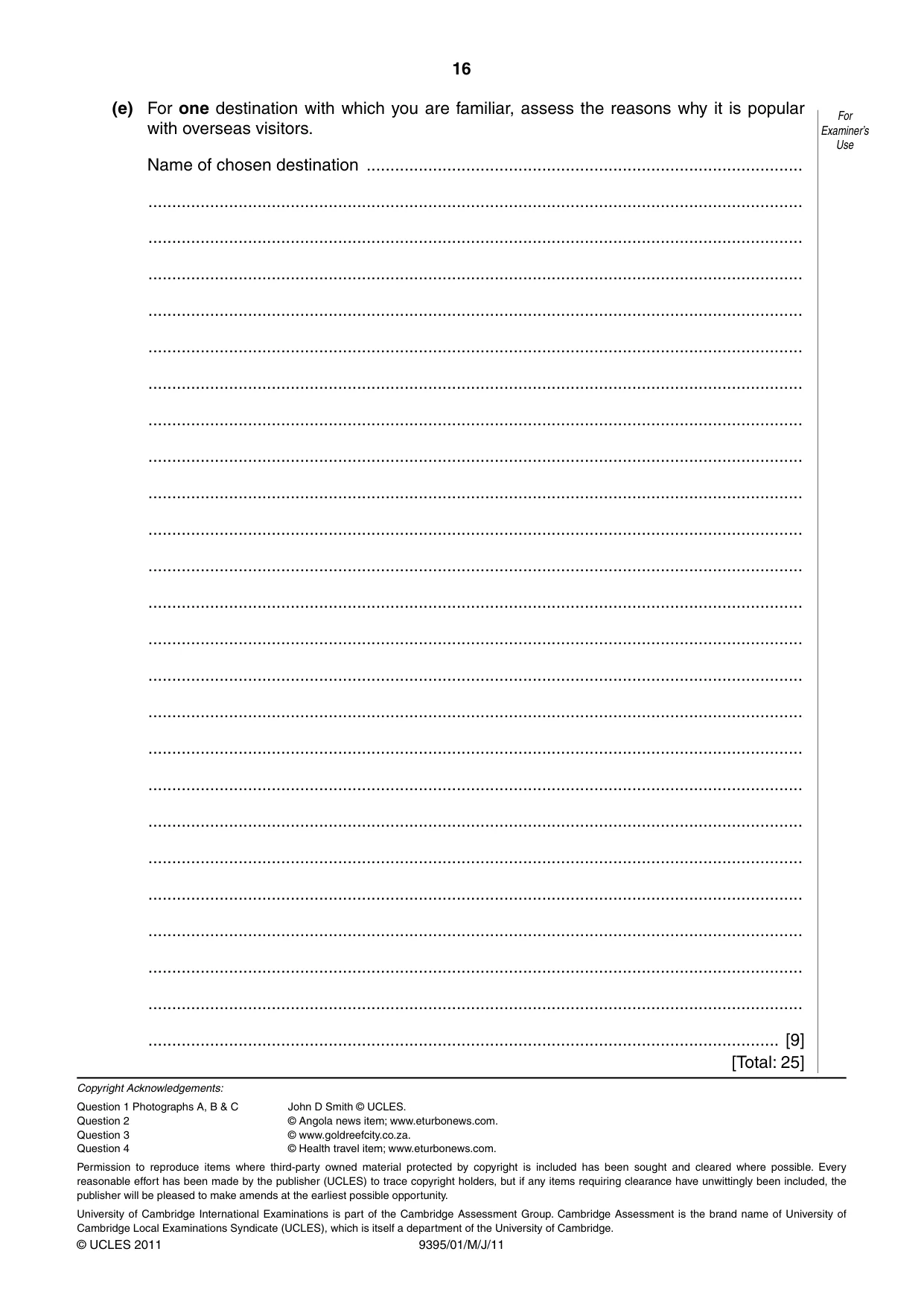 Cambridge A Level Travel and Tourism 9395 2011 May/June Paper 1 · Variant 1 question paper, page 16 of 16