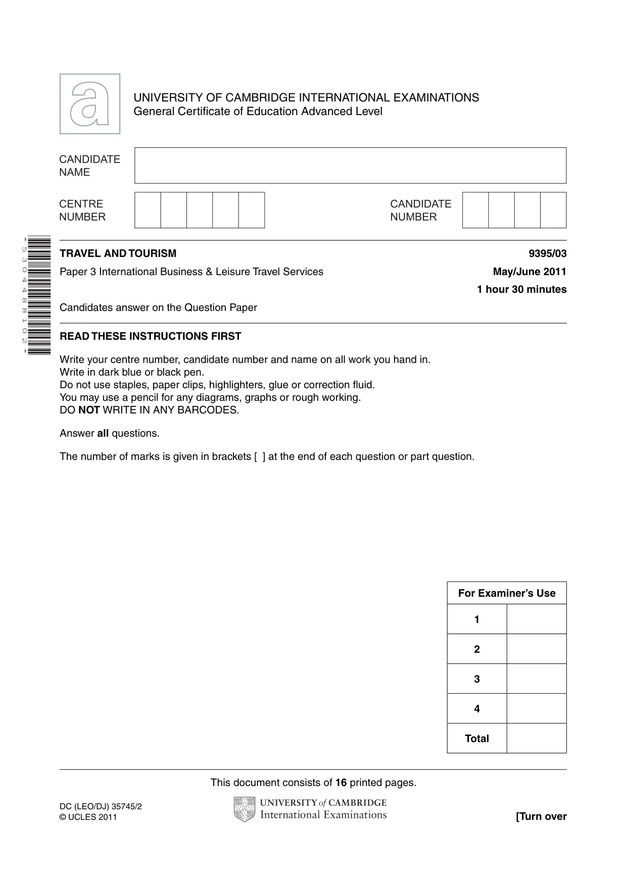 Cambridge A Level Travel and Tourism 9395 2011 May/June Paper 3 · Variant 1 question paper, page 1 of 16
