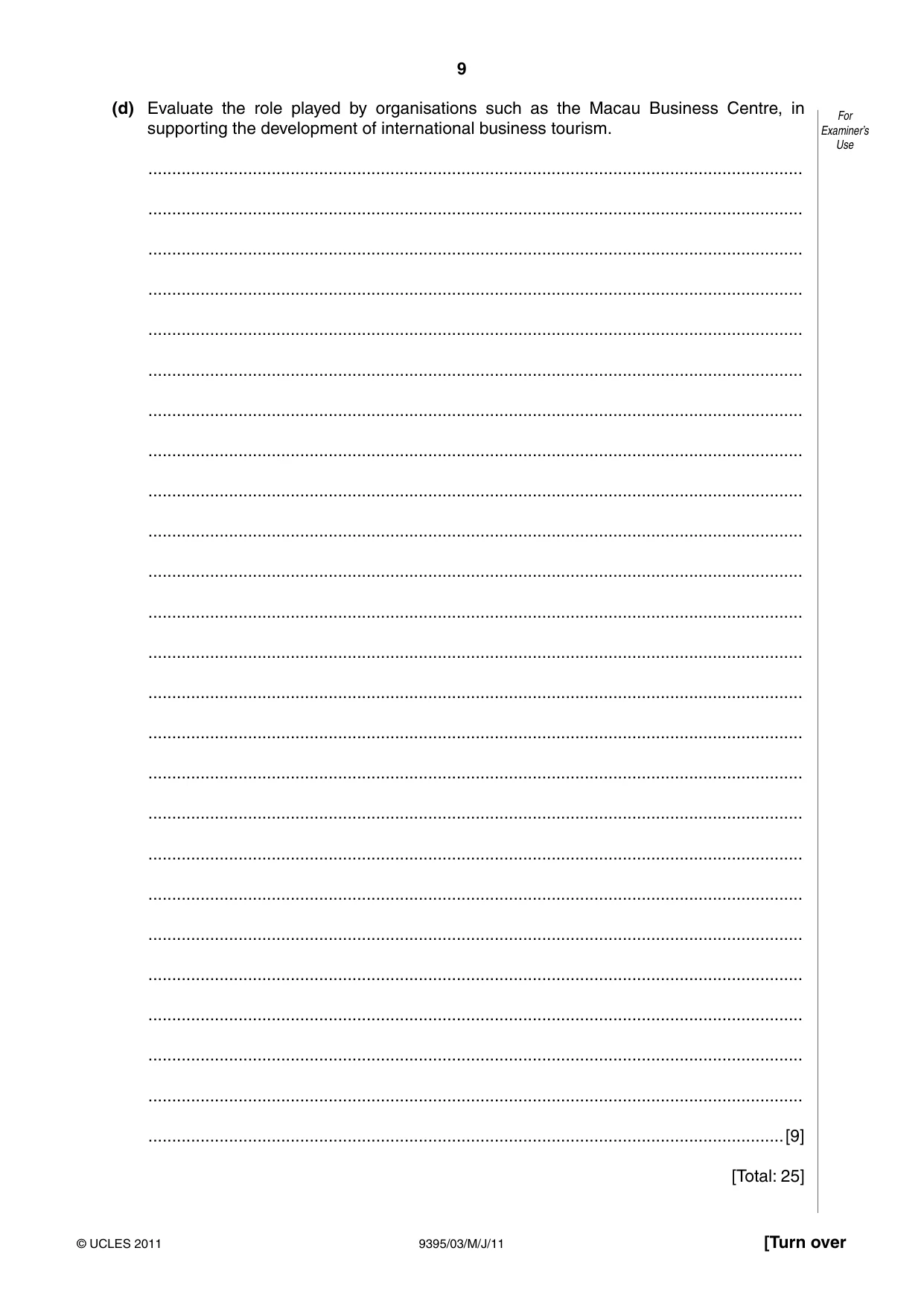 Cambridge A Level Travel and Tourism 9395 2011 May/June Paper 3 · Variant 1 question paper, page 9 of 16