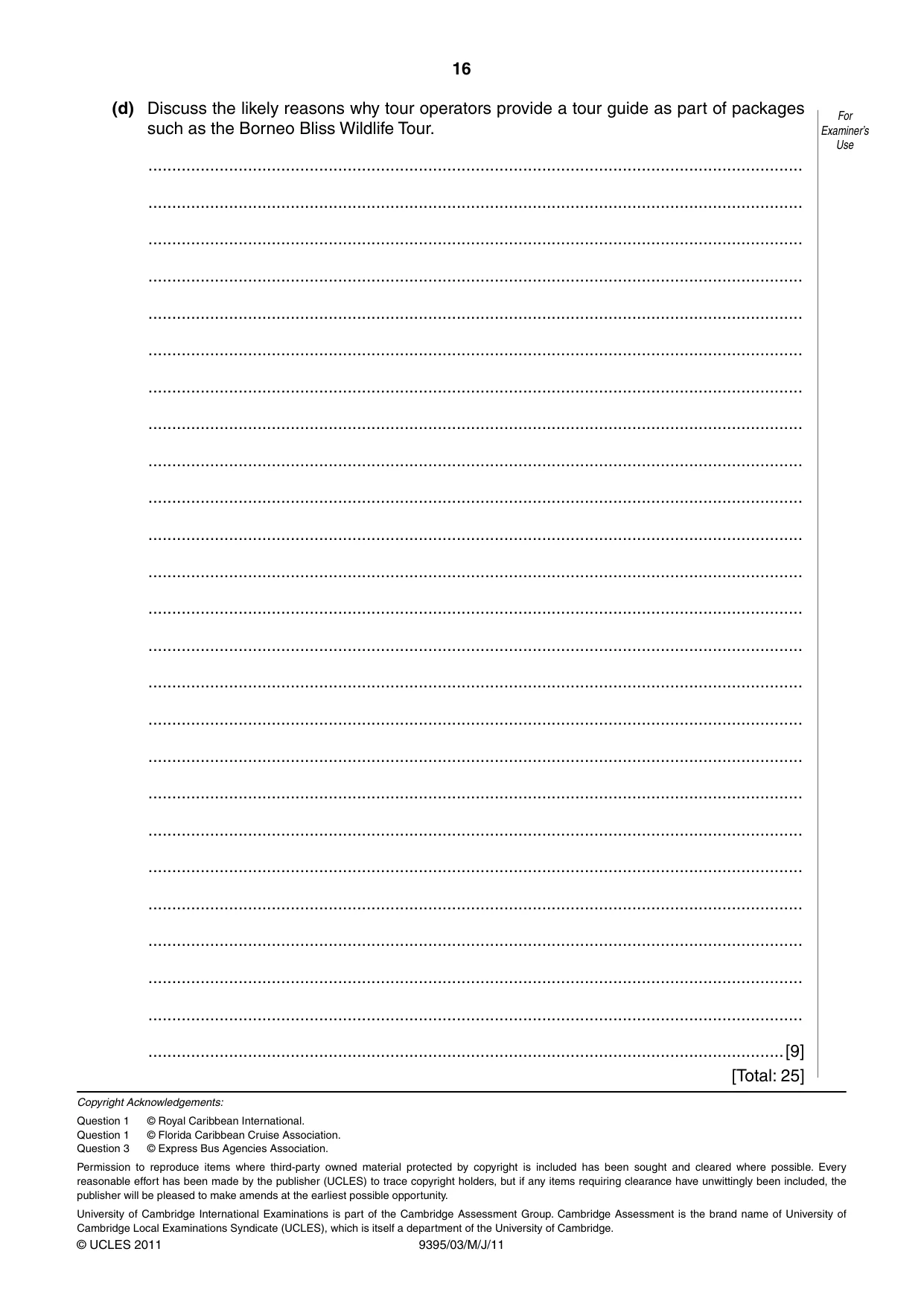 Cambridge A Level Travel and Tourism 9395 2011 May/June Paper 3 · Variant 1 question paper, page 16 of 16