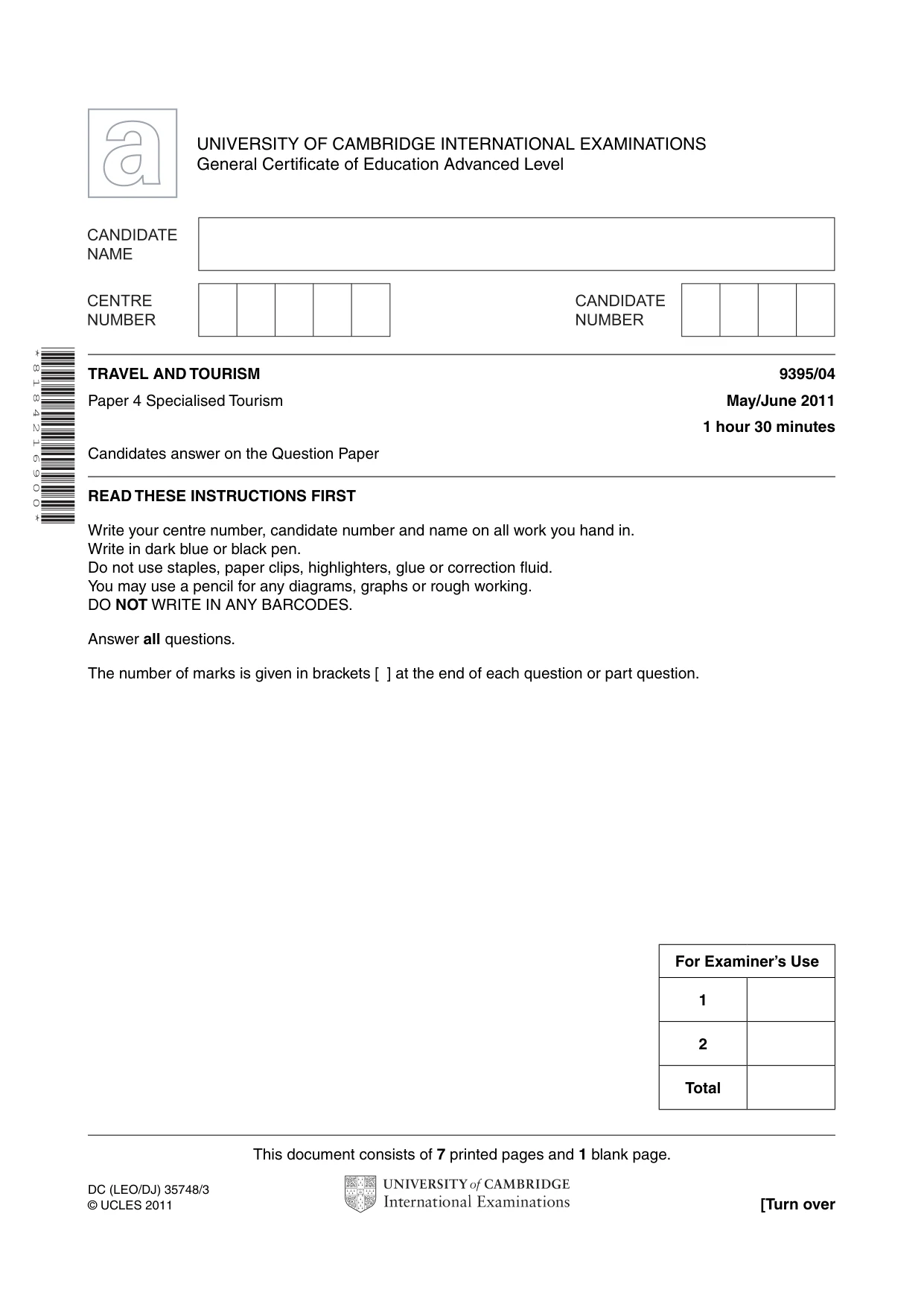 Cambridge A Level Travel and Tourism 9395 2011 May/June Paper 4 · Variant 1 question paper, page 1 of 8