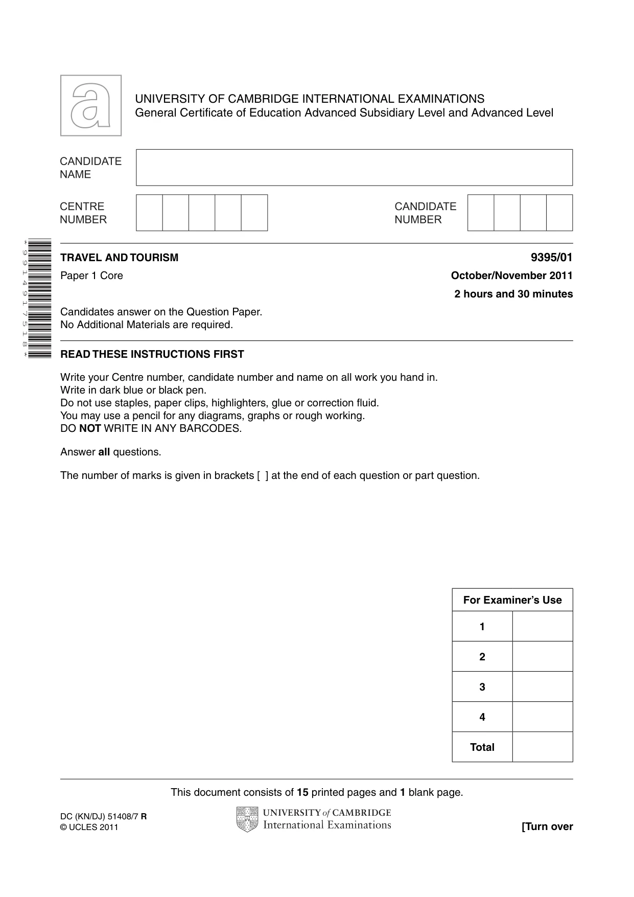 Cambridge A Level Travel and Tourism 9395 2011 Oct/Nov Paper 1 · Variant 1 question paper, page 1 of 16