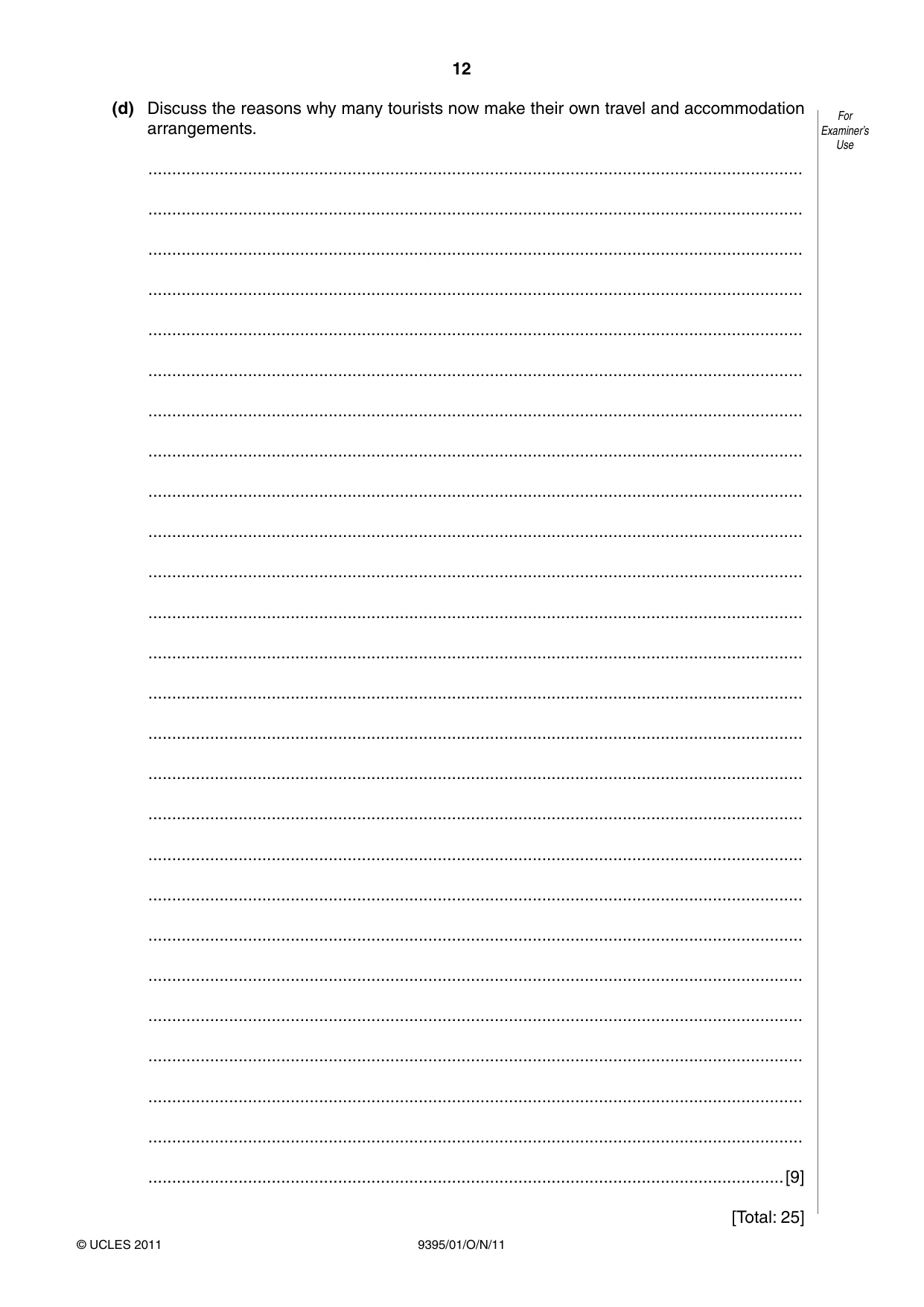 Cambridge A Level Travel and Tourism 9395 2011 Oct/Nov Paper 1 · Variant 1 question paper, page 12 of 16