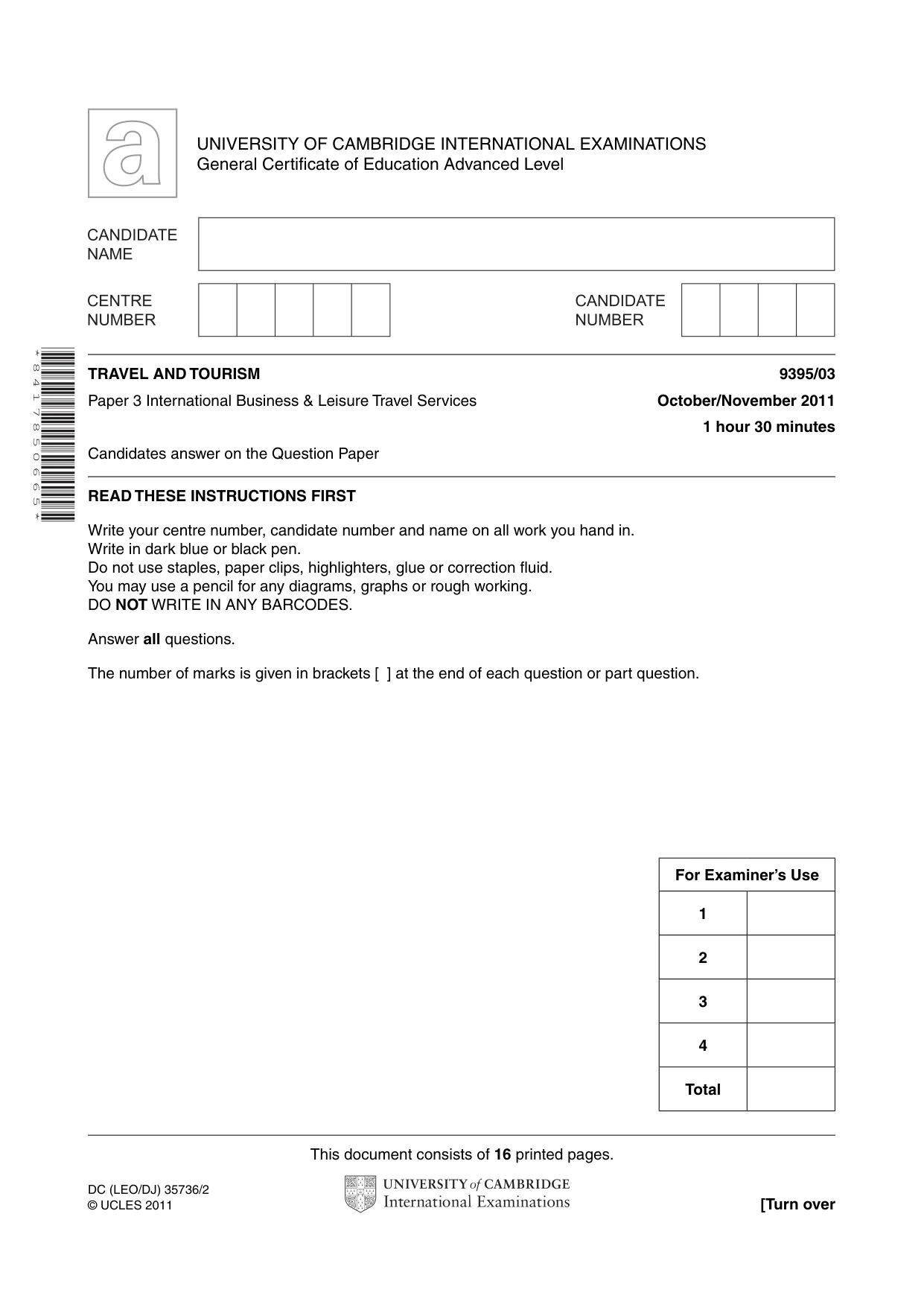 Cambridge A Level Travel and Tourism 9395 2011 Oct/Nov Paper 3 · Variant 1 question paper, page 1 of 16