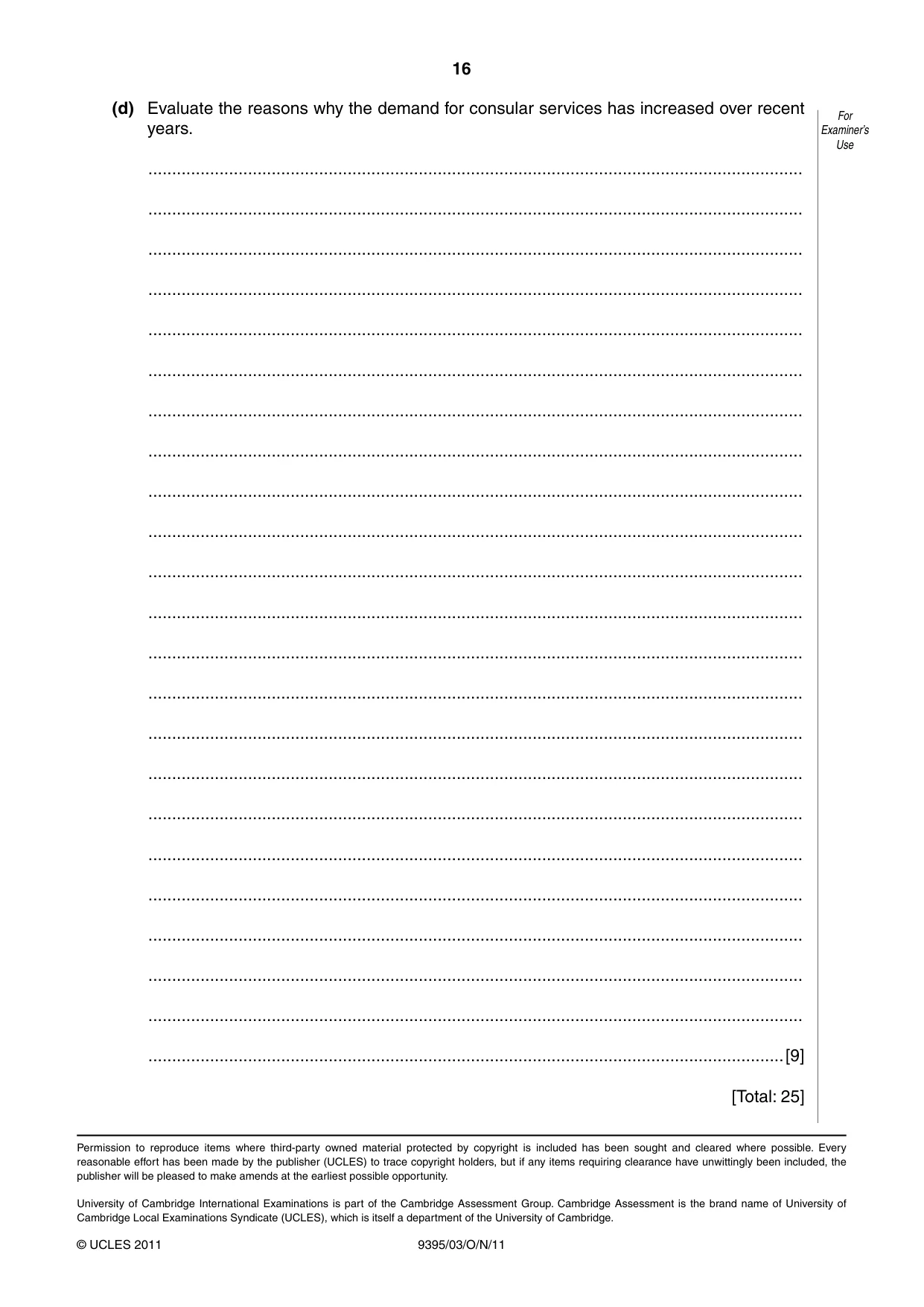 Cambridge A Level Travel and Tourism 9395 2011 Oct/Nov Paper 3 · Variant 1 question paper, page 16 of 16