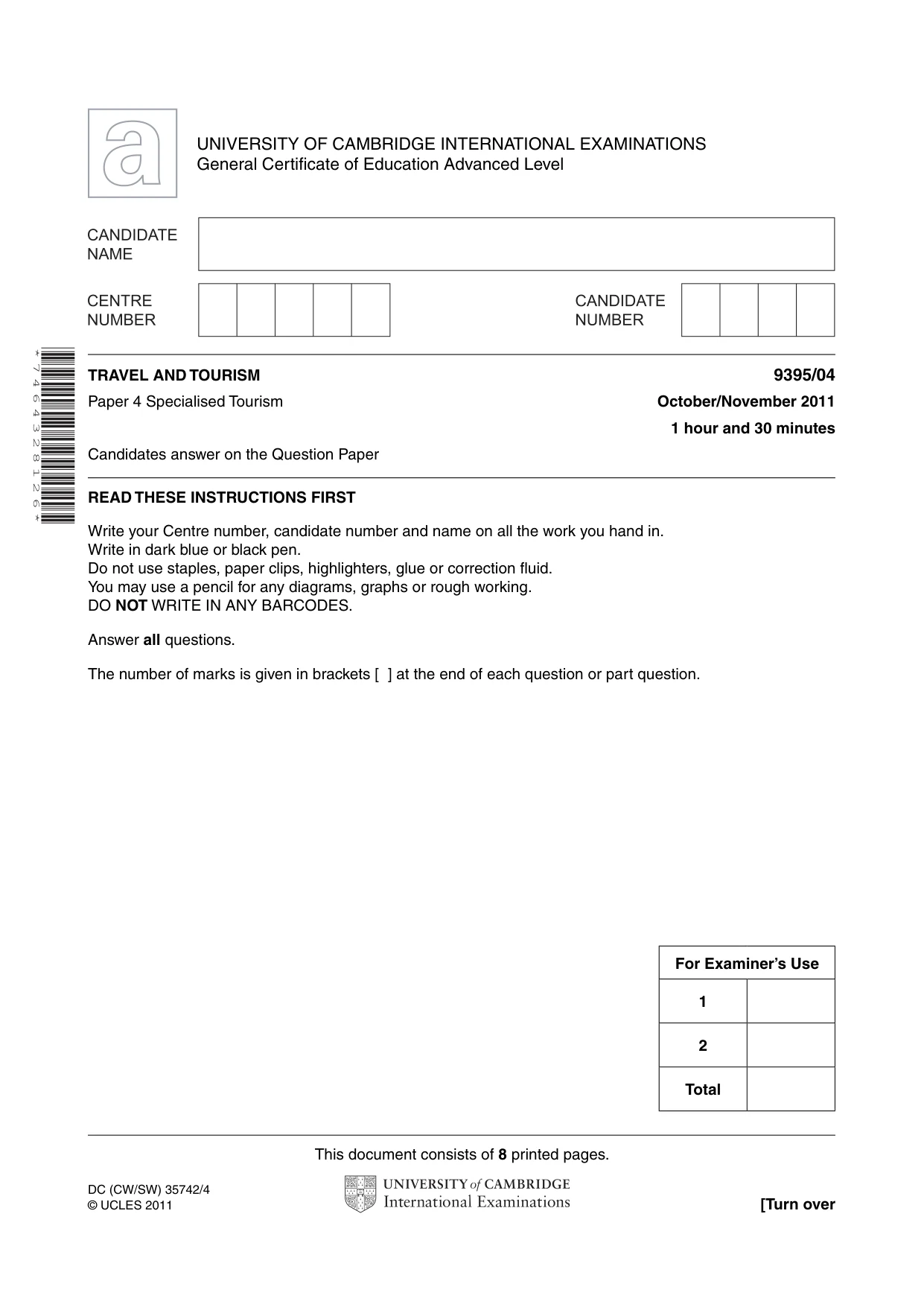Cambridge A Level Travel and Tourism 9395 2011 Oct/Nov Paper 4 · Variant 1 question paper, page 1 of 8