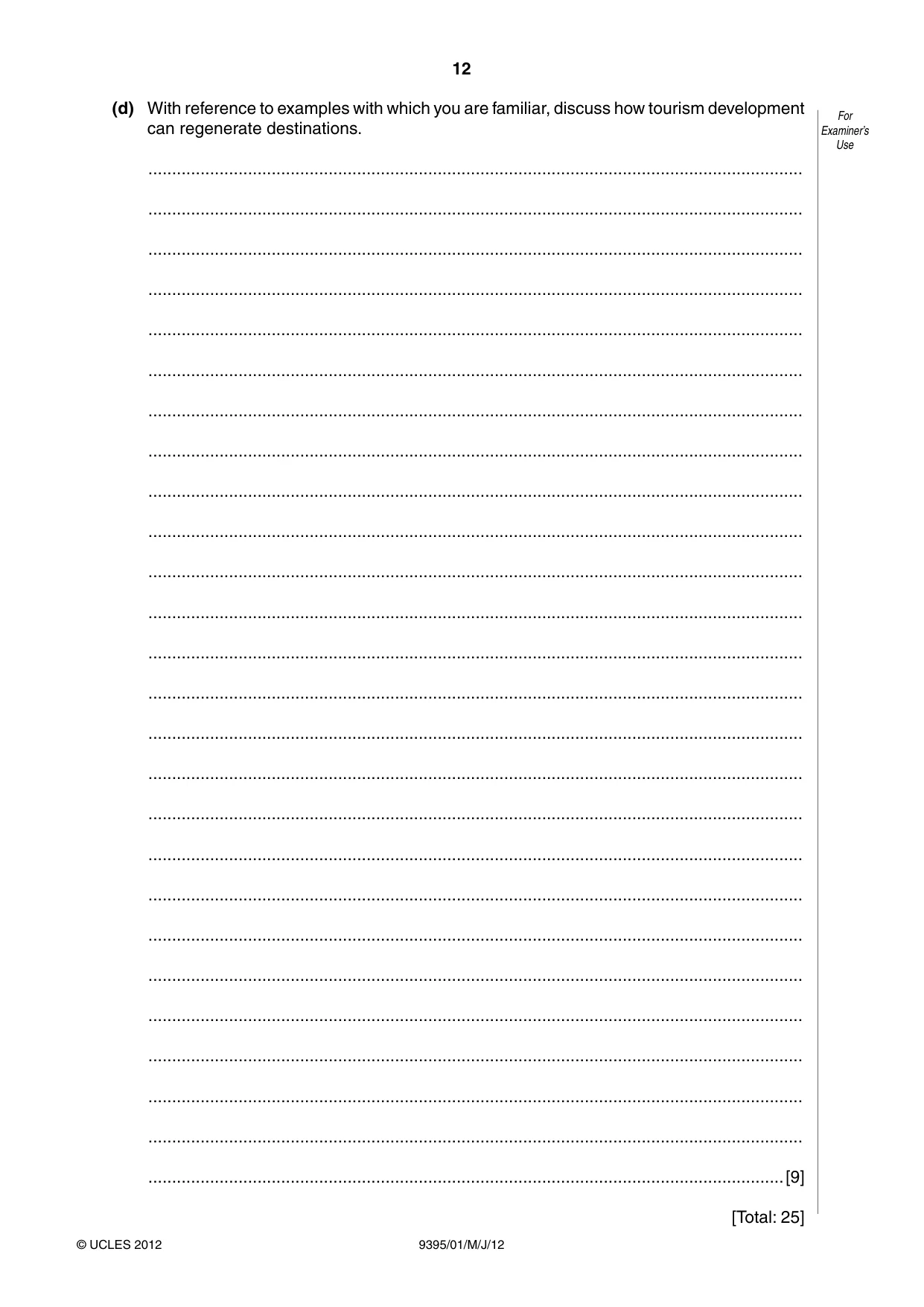 Cambridge A Level Travel and Tourism 9395 2012 May/June Paper 1 · Variant 1 question paper, page 12 of 16