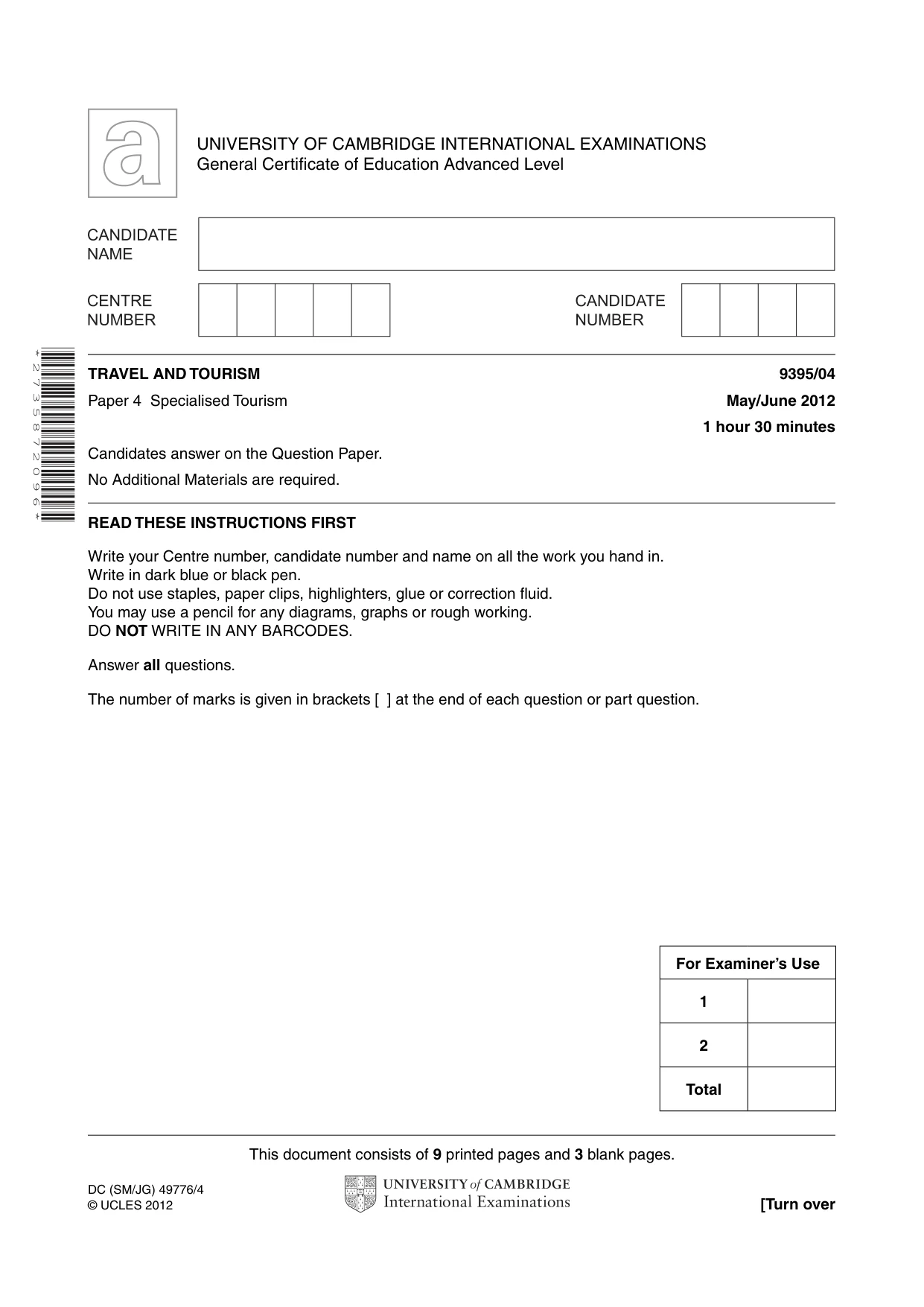 Cambridge A Level Travel and Tourism 9395 2012 May/June Paper 4 · Variant 1 question paper, page 1 of 12