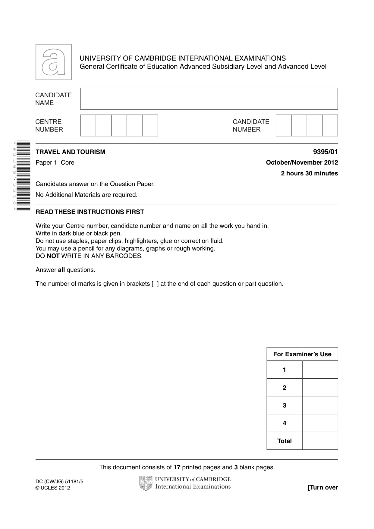 Cambridge A Level Travel and Tourism 9395 2012 Oct/Nov Paper 1 · Variant 1 question paper, page 1 of 20