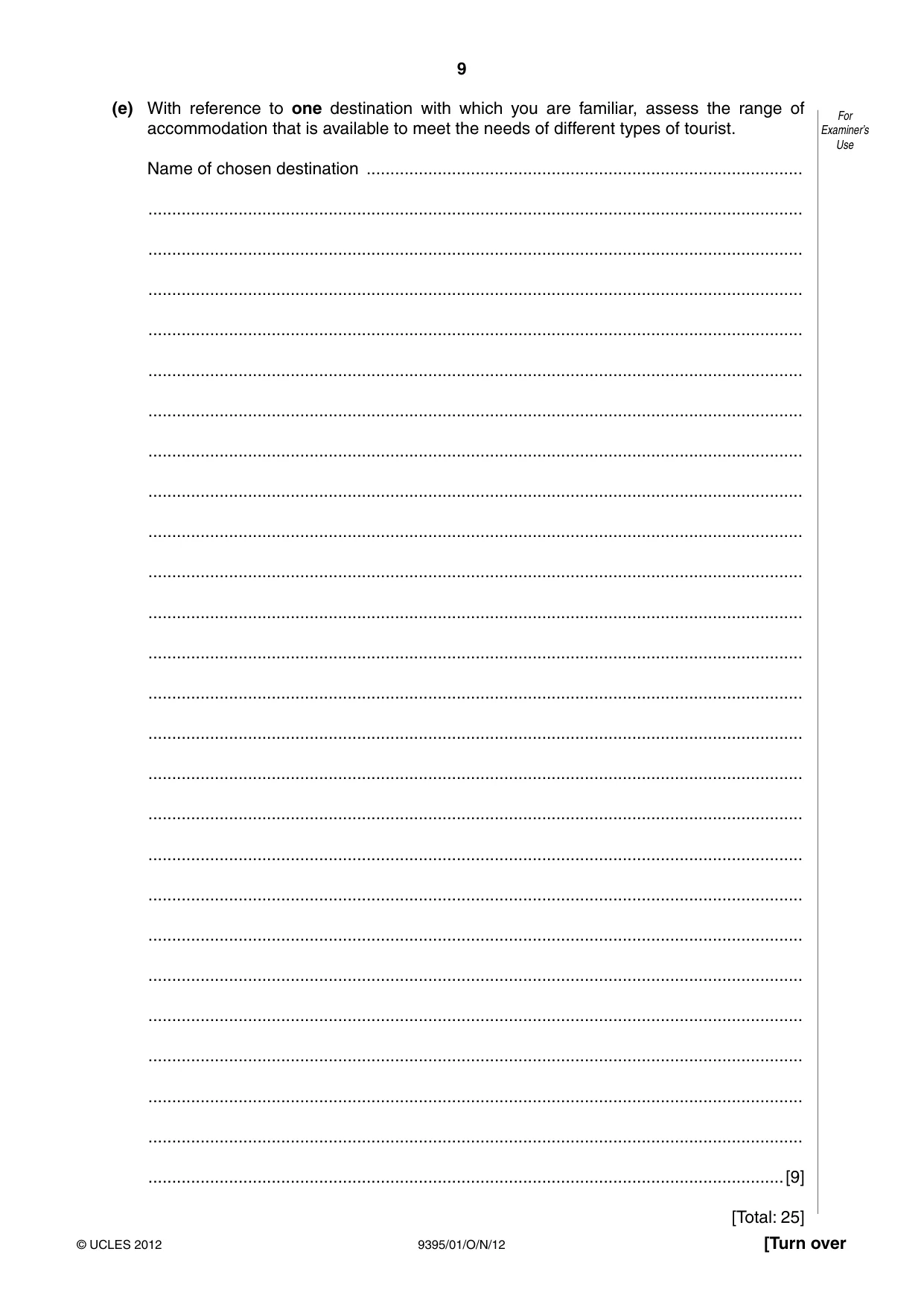 Cambridge A Level Travel and Tourism 9395 2012 Oct/Nov Paper 1 · Variant 1 question paper, page 9 of 20