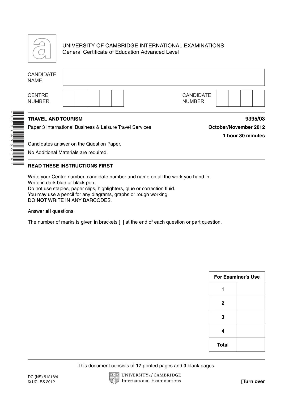 Cambridge A Level Travel and Tourism 9395 2012 Oct/Nov Paper 3 · Variant 1 question paper, page 1 of 20