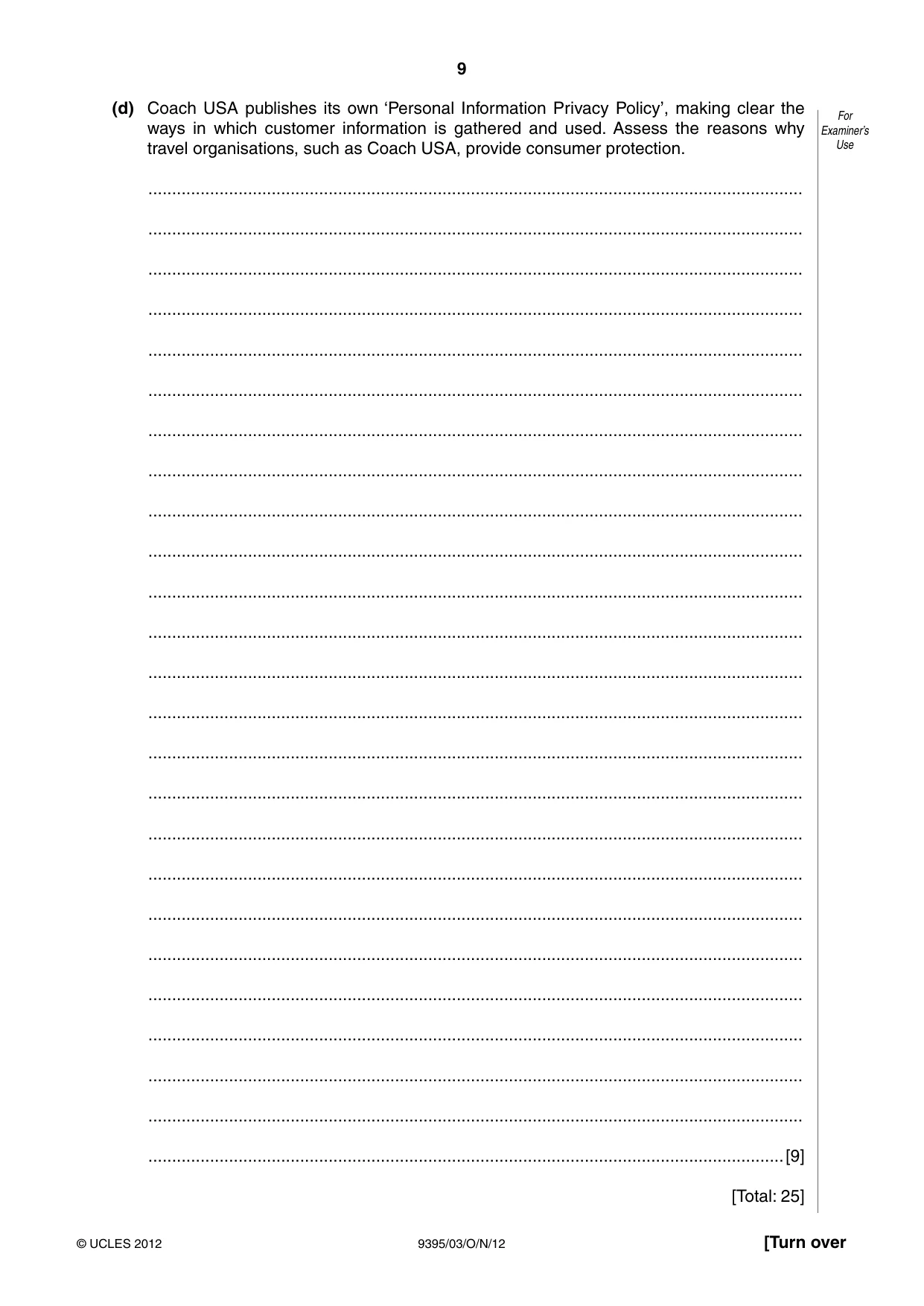Cambridge A Level Travel and Tourism 9395 2012 Oct/Nov Paper 3 · Variant 1 question paper, page 9 of 20