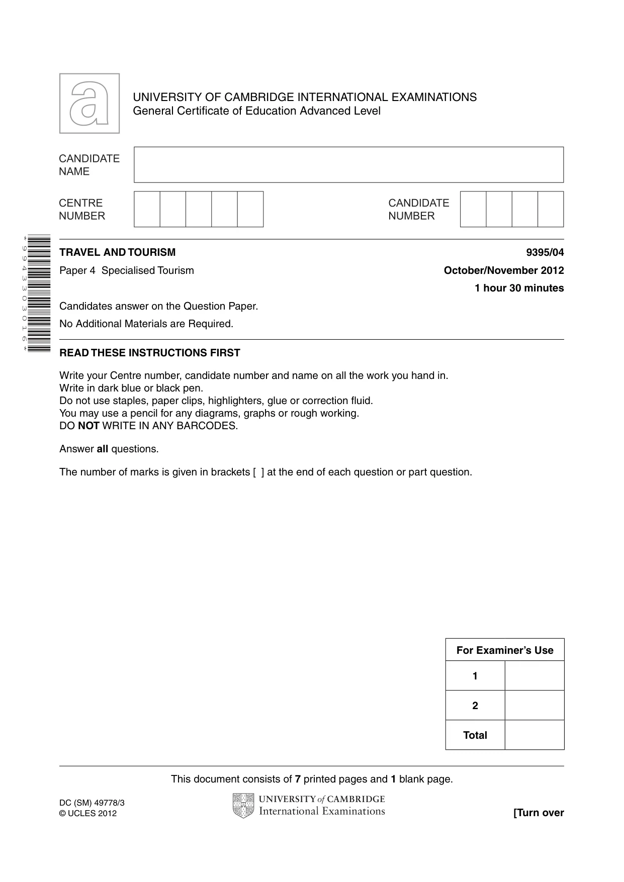 Cambridge A Level Travel and Tourism 9395 2012 Oct/Nov Paper 4 · Variant 1 question paper, page 1 of 8