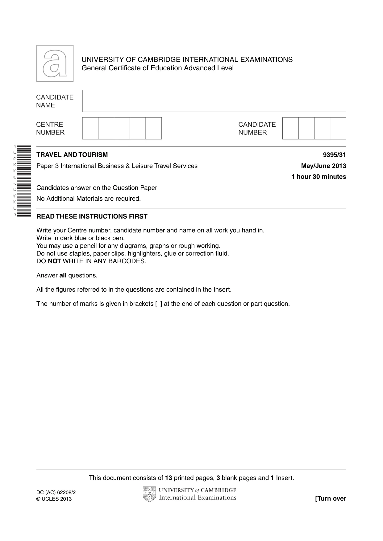 Cambridge A Level Travel and Tourism 9395 2013 May/June Paper 3 · Variant 1 question paper, page 1 of 16