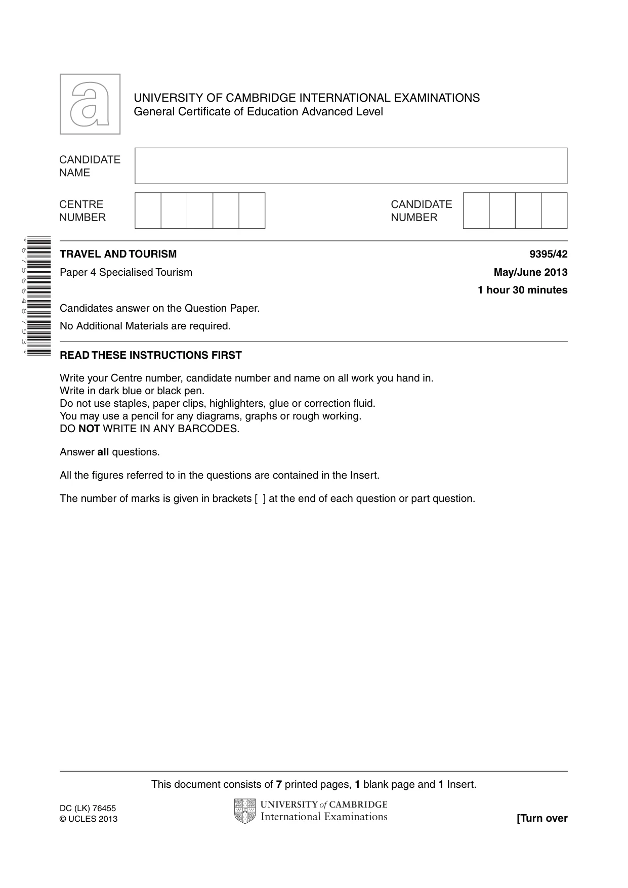 Cambridge A Level Travel and Tourism 9395 2013 May/June Paper 4 · Variant 2 question paper, page 1 of 8