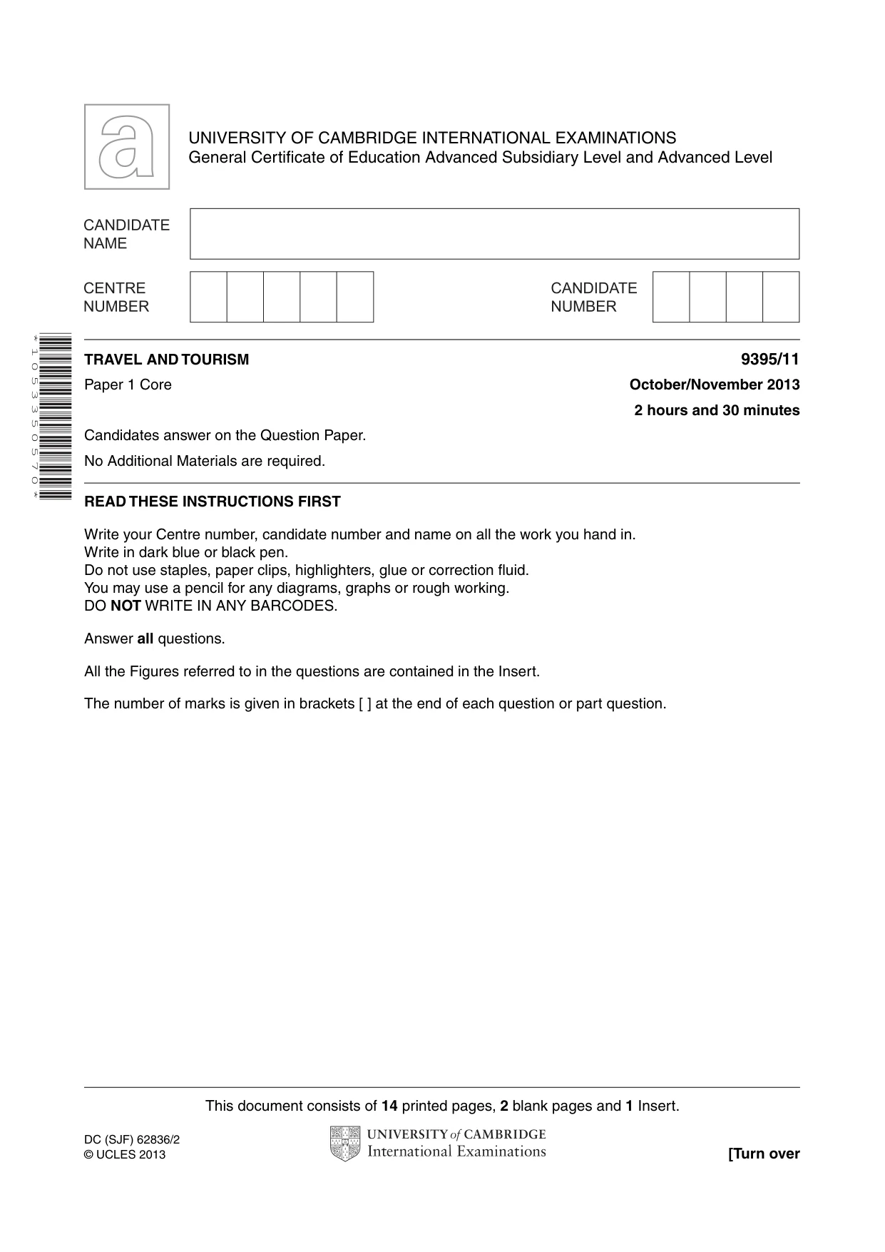Cambridge A Level Travel and Tourism 9395 2013 Oct/Nov Paper 1 · Variant 1 question paper, page 1 of 16