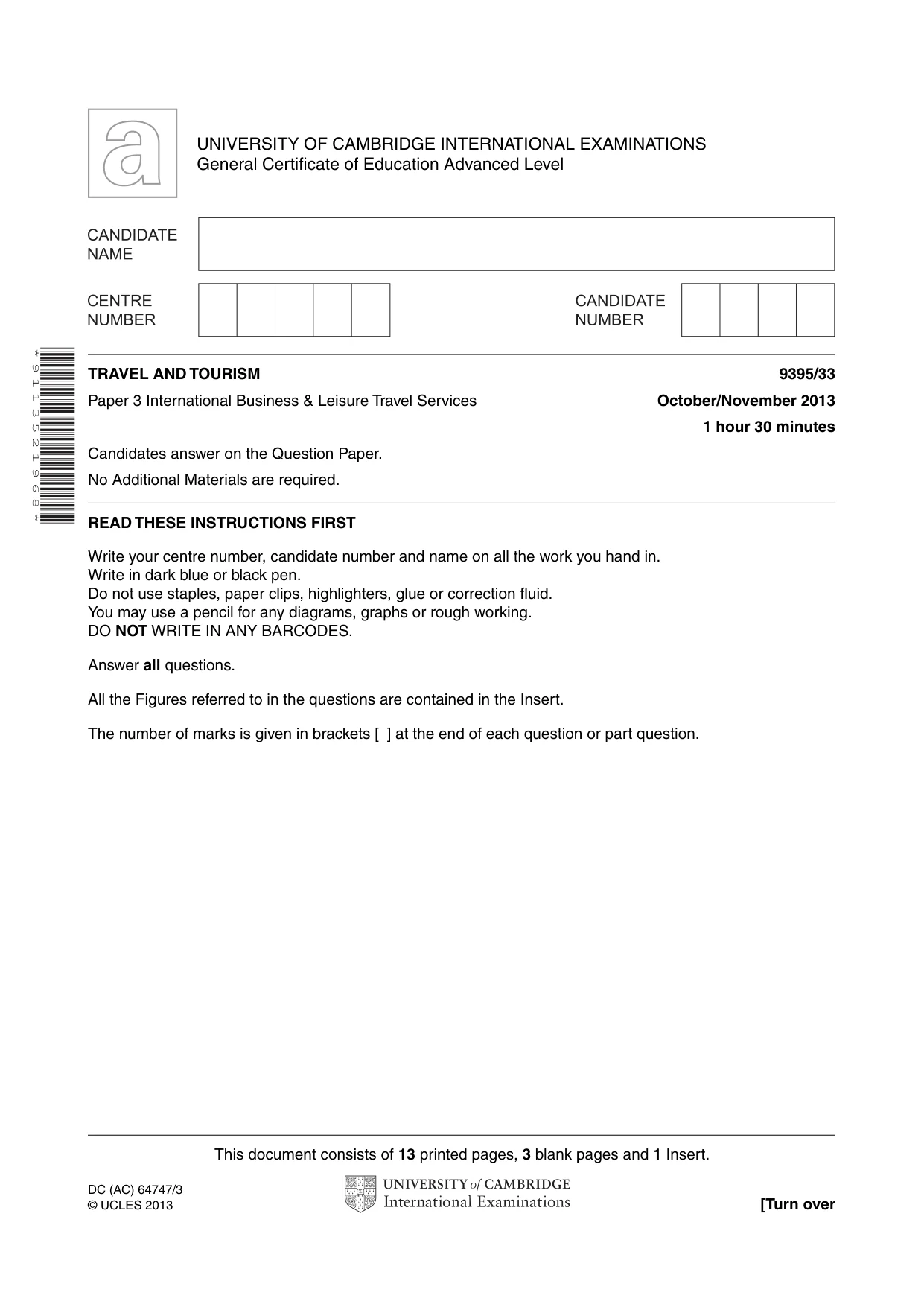 Cambridge A Level Travel and Tourism 9395 2013 Oct/Nov Paper 3 · Variant 3 question paper, page 1 of 16