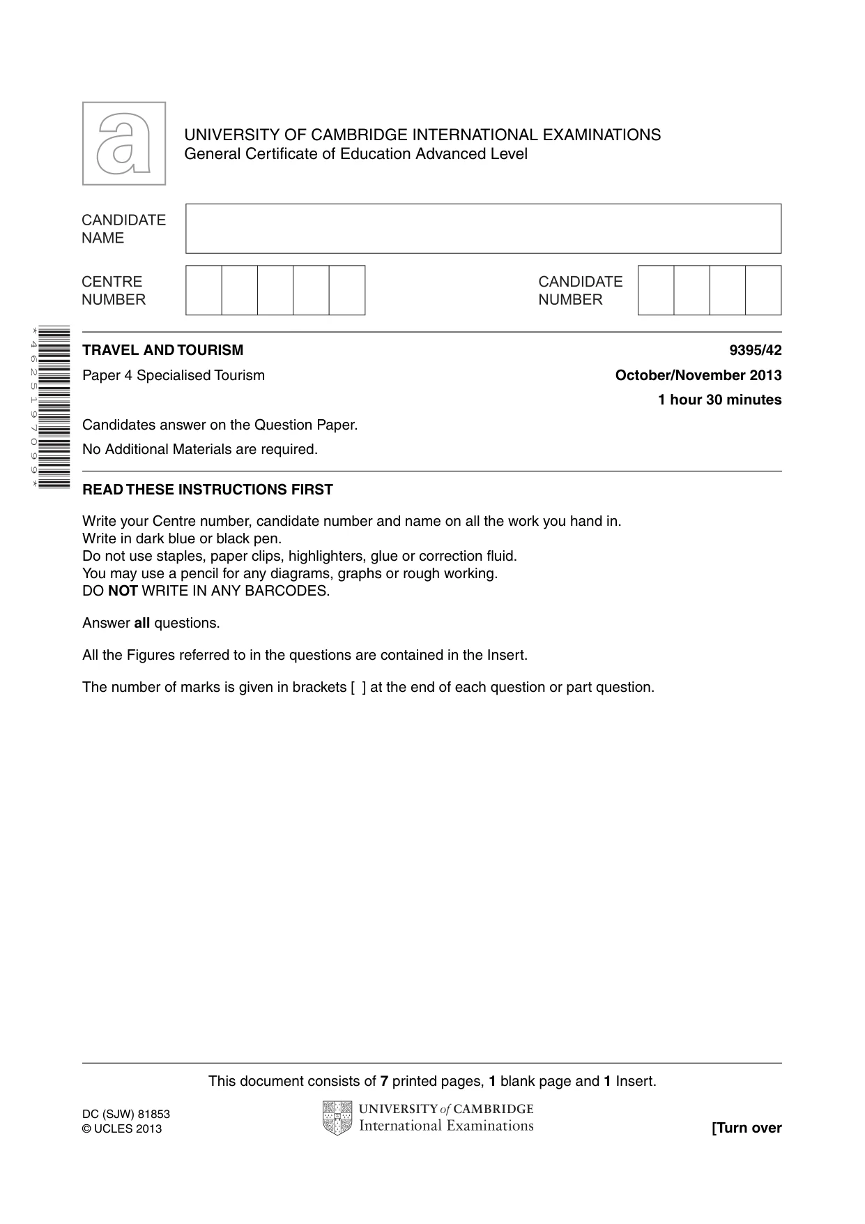 Cambridge A Level Travel and Tourism 9395 2013 Oct/Nov Paper 4 · Variant 2 question paper, page 1 of 8