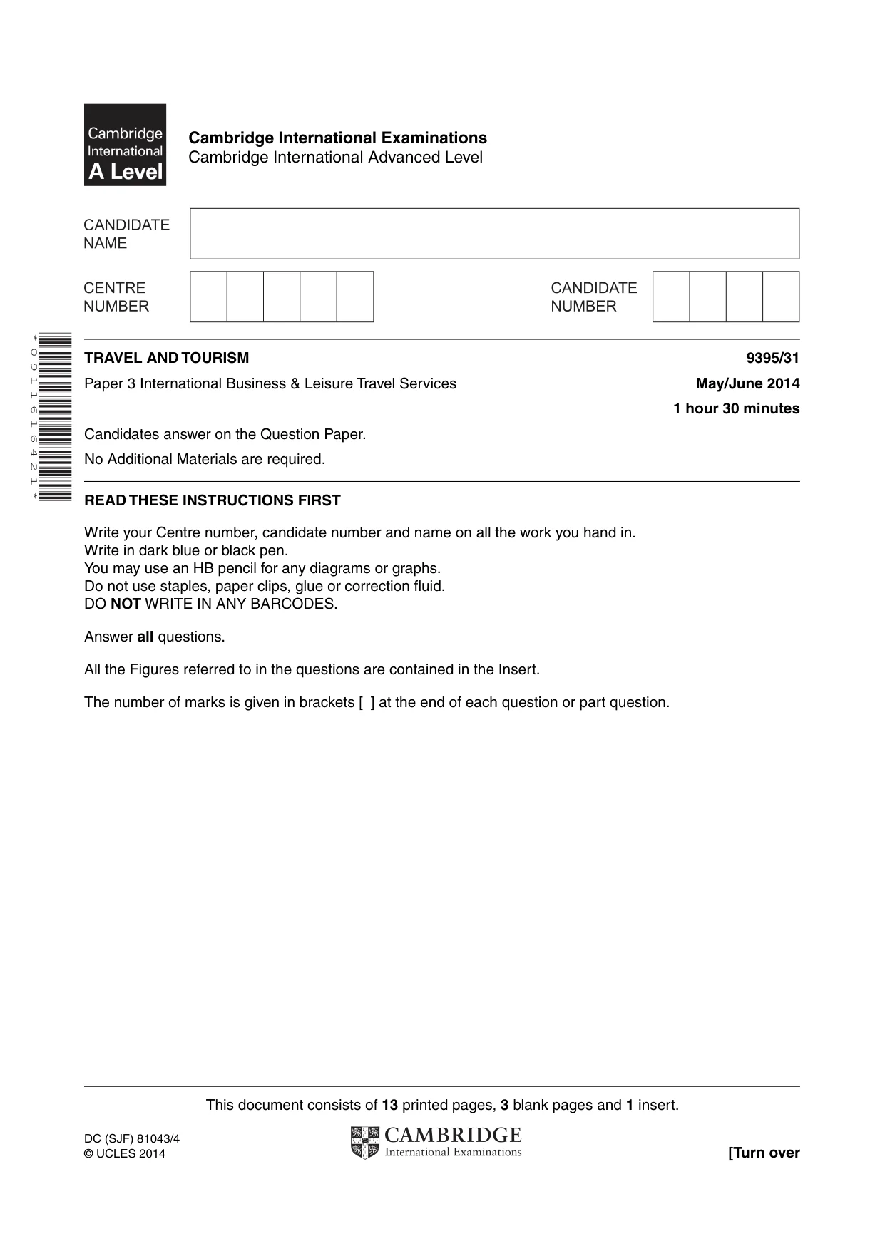 Cambridge A Level Travel and Tourism 9395 2014 May/June Paper 3 · Variant 1 question paper, page 1 of 16