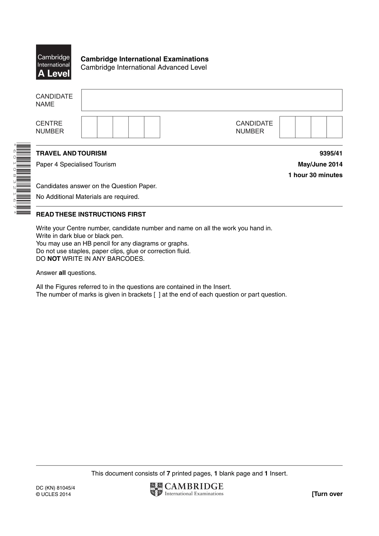 Cambridge A Level Travel and Tourism 9395 2014 May/June Paper 4 · Variant 1 question paper, page 1 of 8